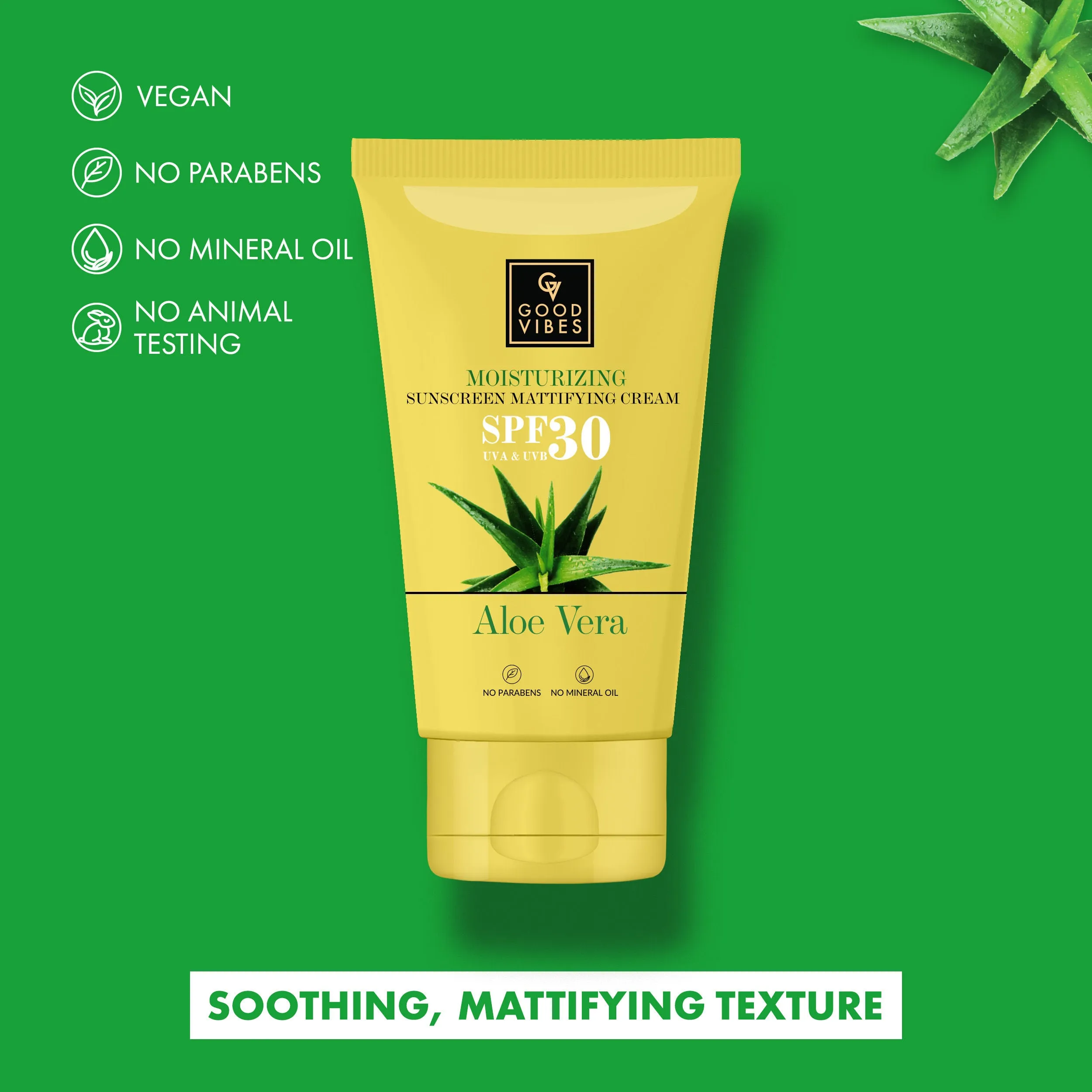 Good Vibes Aloe Vera Moisturizing Sunscreen Mattifying Cream SPF 30 | Anti-oxidant, Calming | Vegan, No Parabens, No Mineral Oil, No Silicones, No Animal Testing (50 g)