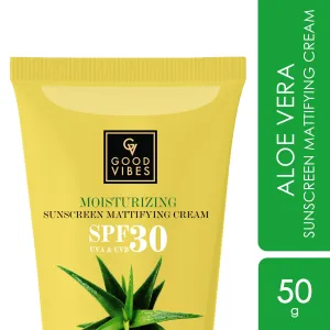 Good Vibes Aloe Vera Moisturizing Sunscreen Mattifying Cream SPF 30 | Anti-oxidant, Calming | Vegan, No Parabens, No Mineral Oil, No Silicones, No Animal Testing (50 g)