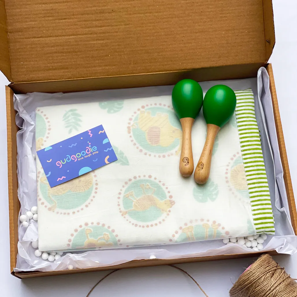 Gudgoodie Baby Gift Set Muslin Dohar and Maracas- Jungle Safari