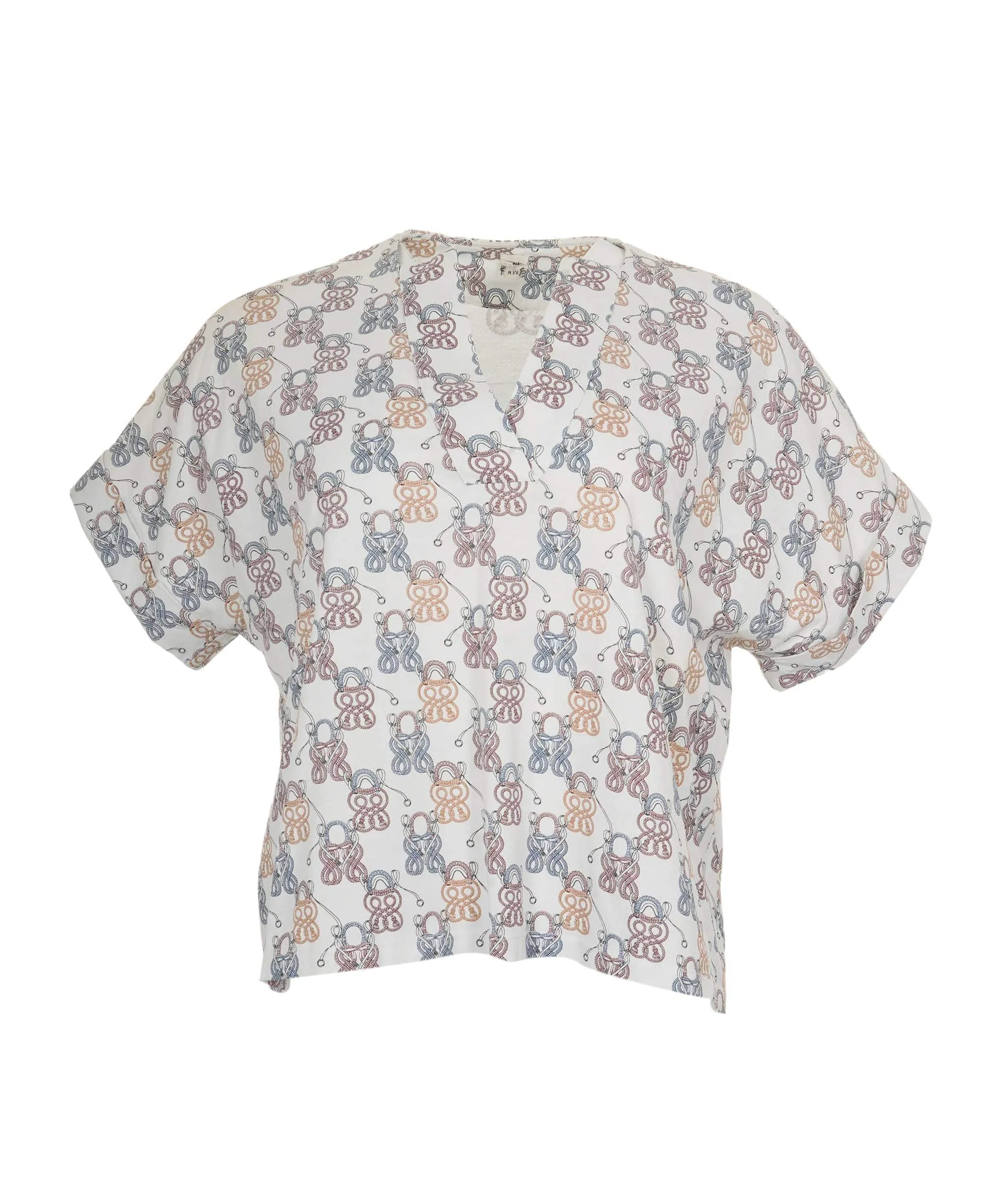 Hermes V-Neck Cotton Top - Cream Colour Knots FR40 SKC1440