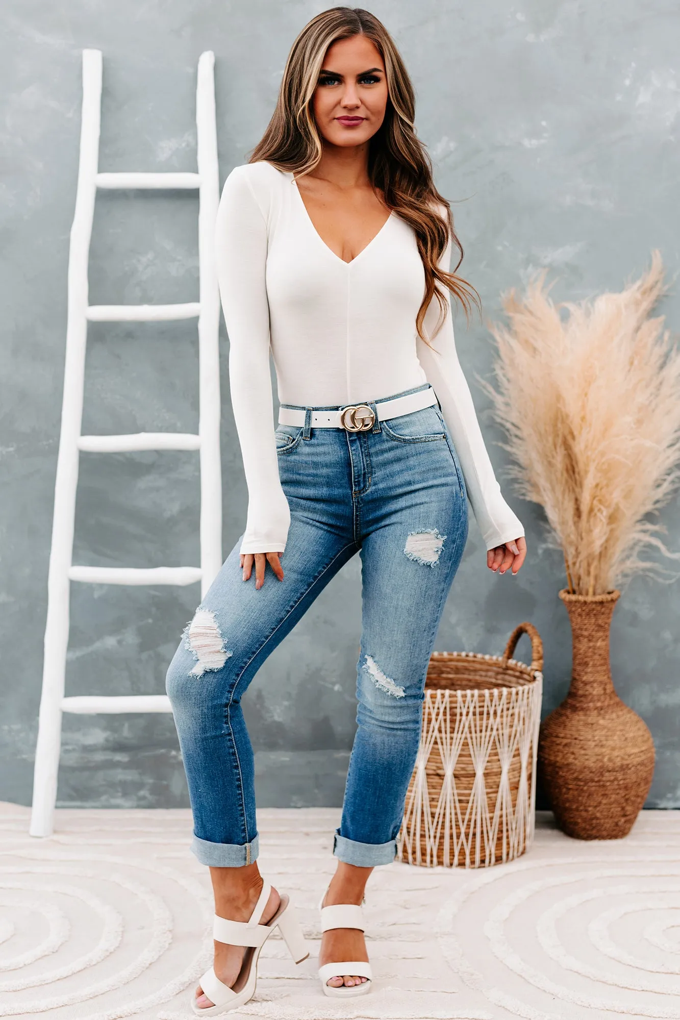 Hidden Attraction Long Sleeve V-Neck Bodysuit (Whip Cream)