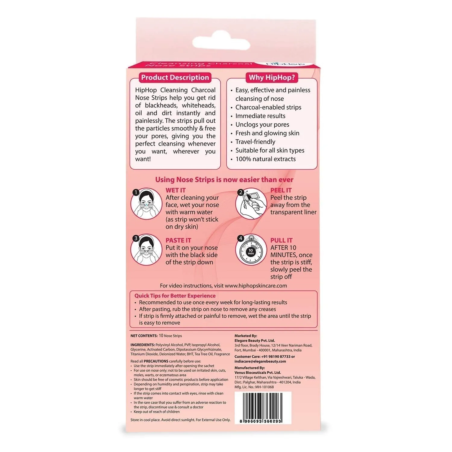 HipHop Blackhead Remover Nose Strips for Women (Activated Charcoal, 10 Strips)   Body Wax Strips (Choco Extract, 8 Strips)