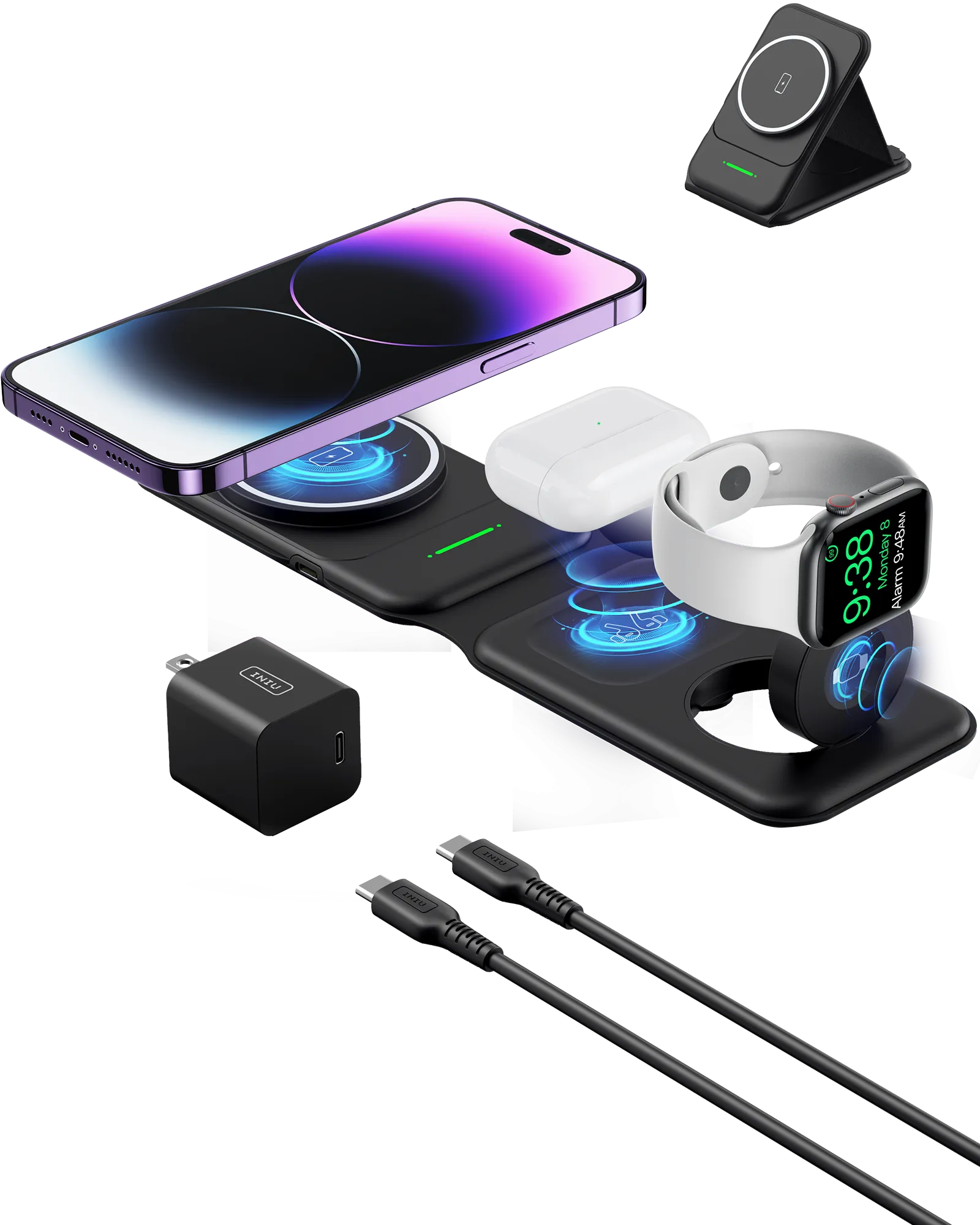 INIU SnapGo WI222 3 in 1 Wireless Charging Pad & Stand, 15W Magnetic Multifunction