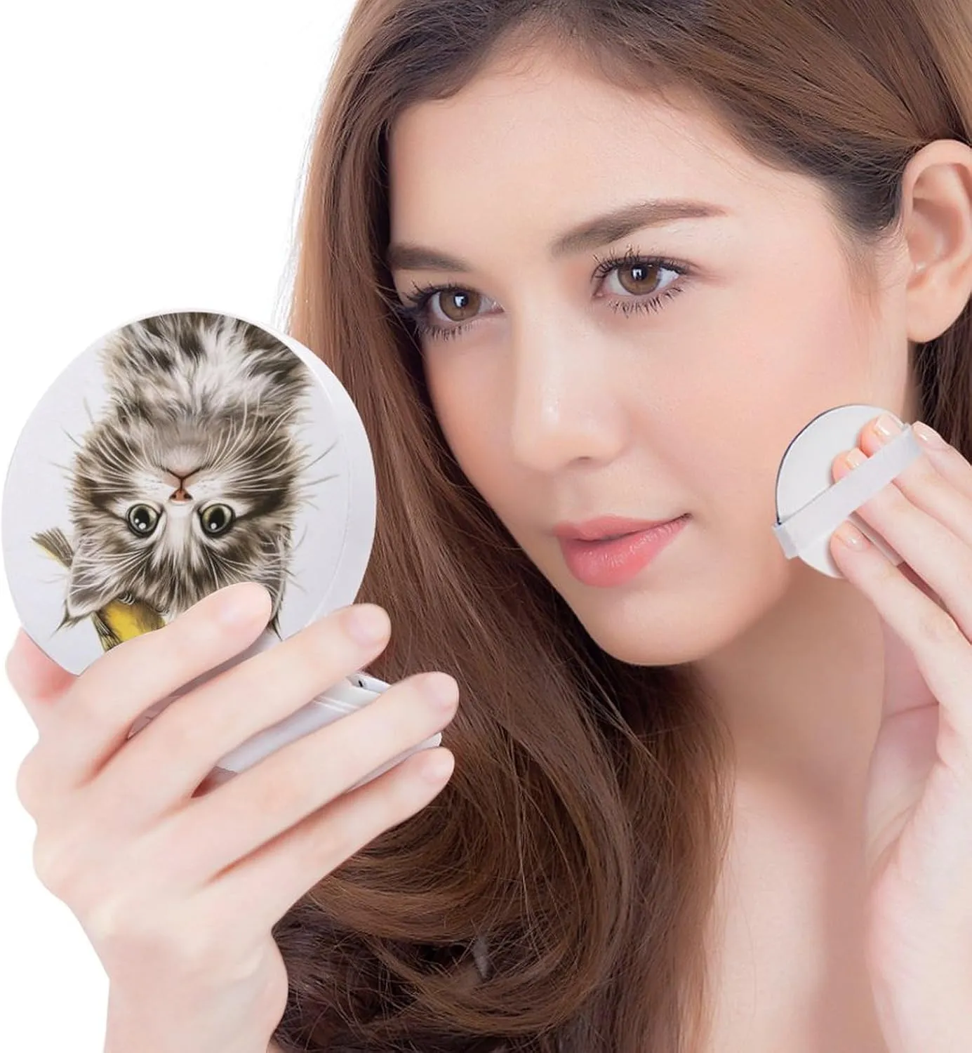 Kitten with Yellow Bird on Head Air Cushion Puff Box Portable Cosmetic Makeup Case Container, Loose Powder Foundation Container