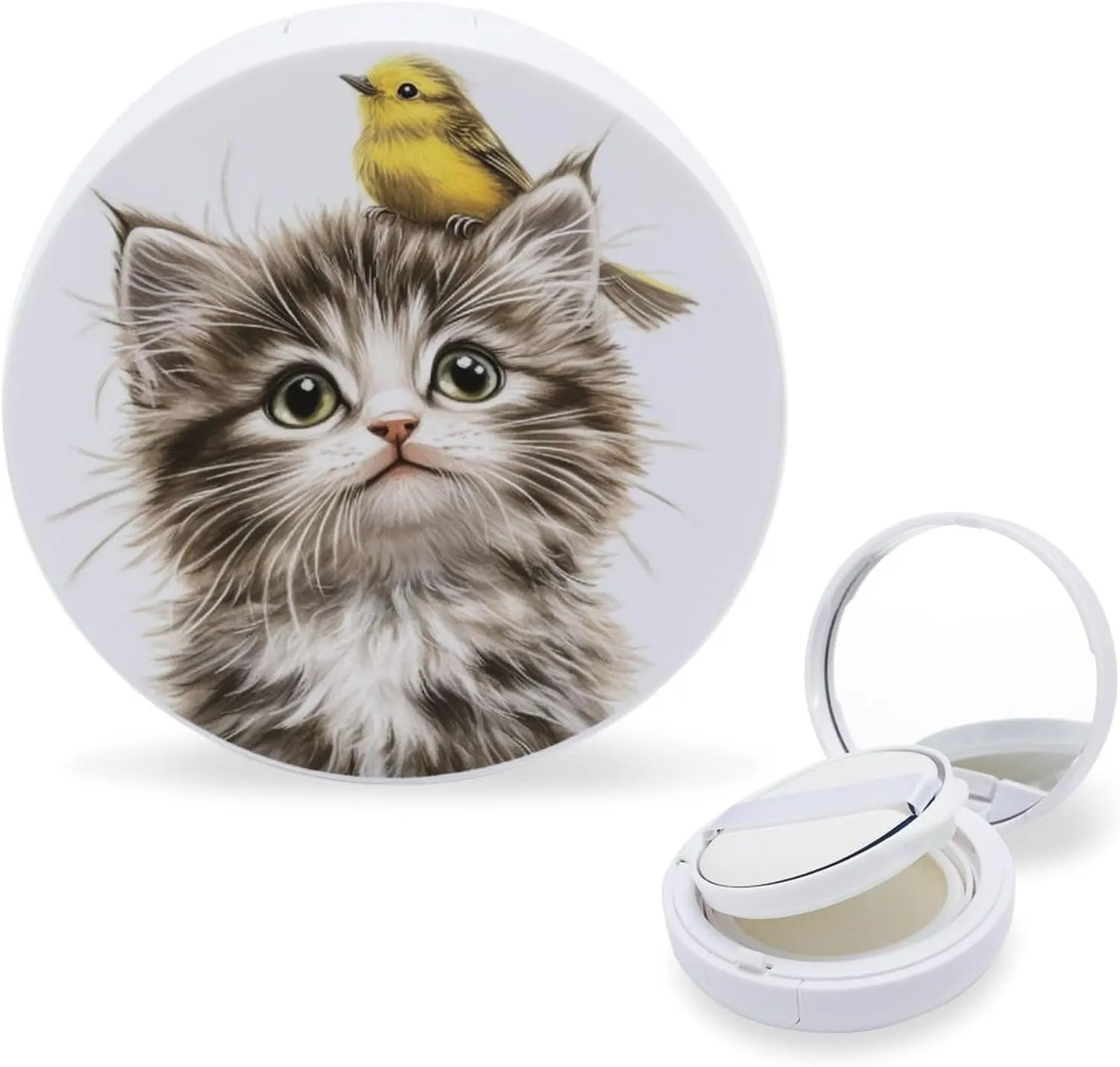 Kitten with Yellow Bird on Head Air Cushion Puff Box Portable Cosmetic Makeup Case Container, Loose Powder Foundation Container