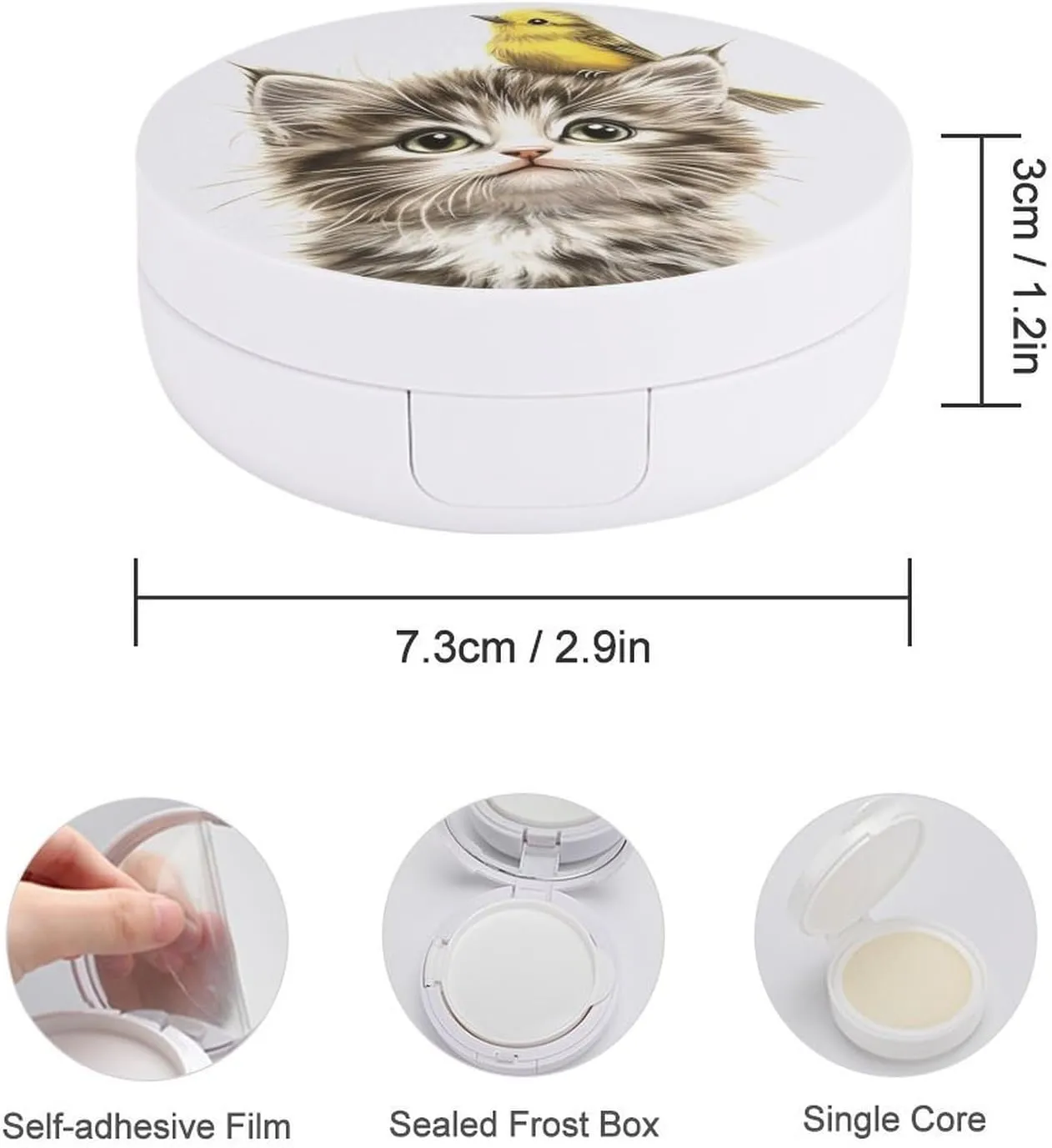 Kitten with Yellow Bird on Head Air Cushion Puff Box Portable Cosmetic Makeup Case Container, Loose Powder Foundation Container
