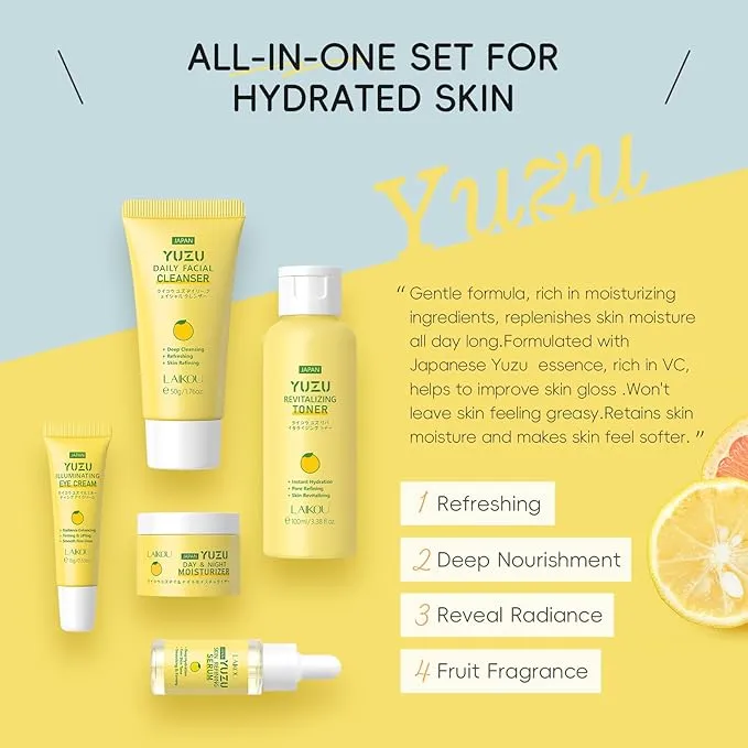 LAIKOU YUZU Radiance Skincare Set, Skin Care Sets & Kits with Cleanser, Toner, Serum, Eye Cream, Moisturizer, Skin Care for Teenage Girls Gift Set, Pamper Sets for Women Gifts, All Skin Types