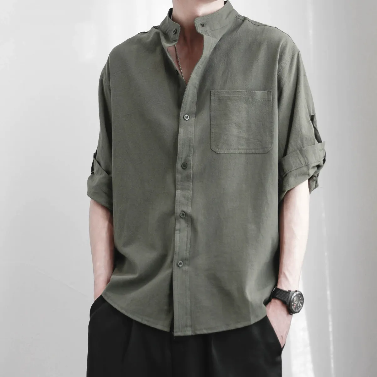 Long Sleeves Casual Pure Color Japanese-Style Retro Spring and Autumn Linen