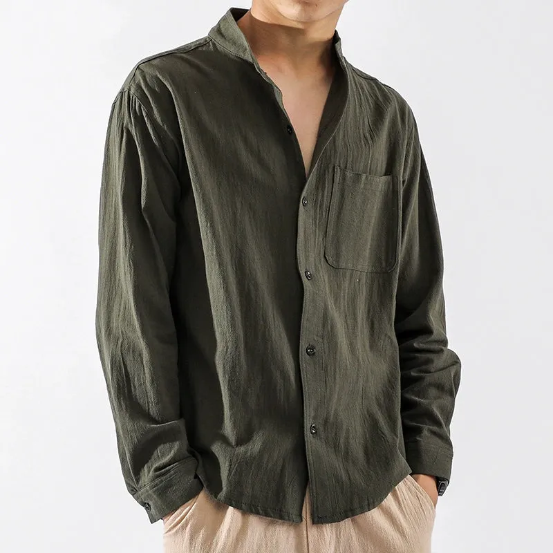 Long Sleeves Casual Pure Color Japanese-Style Retro Spring and Autumn Linen