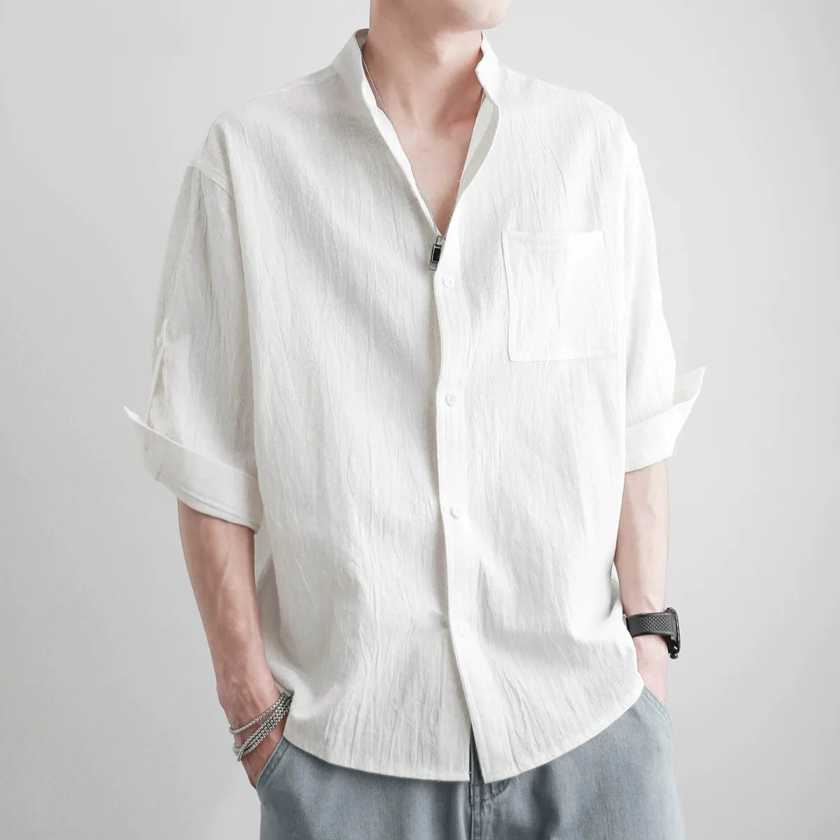 Long Sleeves Casual Pure Color Japanese-Style Retro Spring and Autumn Linen