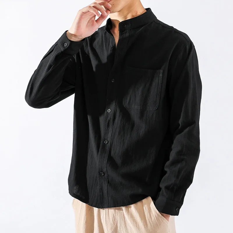 Long Sleeves Casual Pure Color Japanese-Style Retro Spring and Autumn Linen