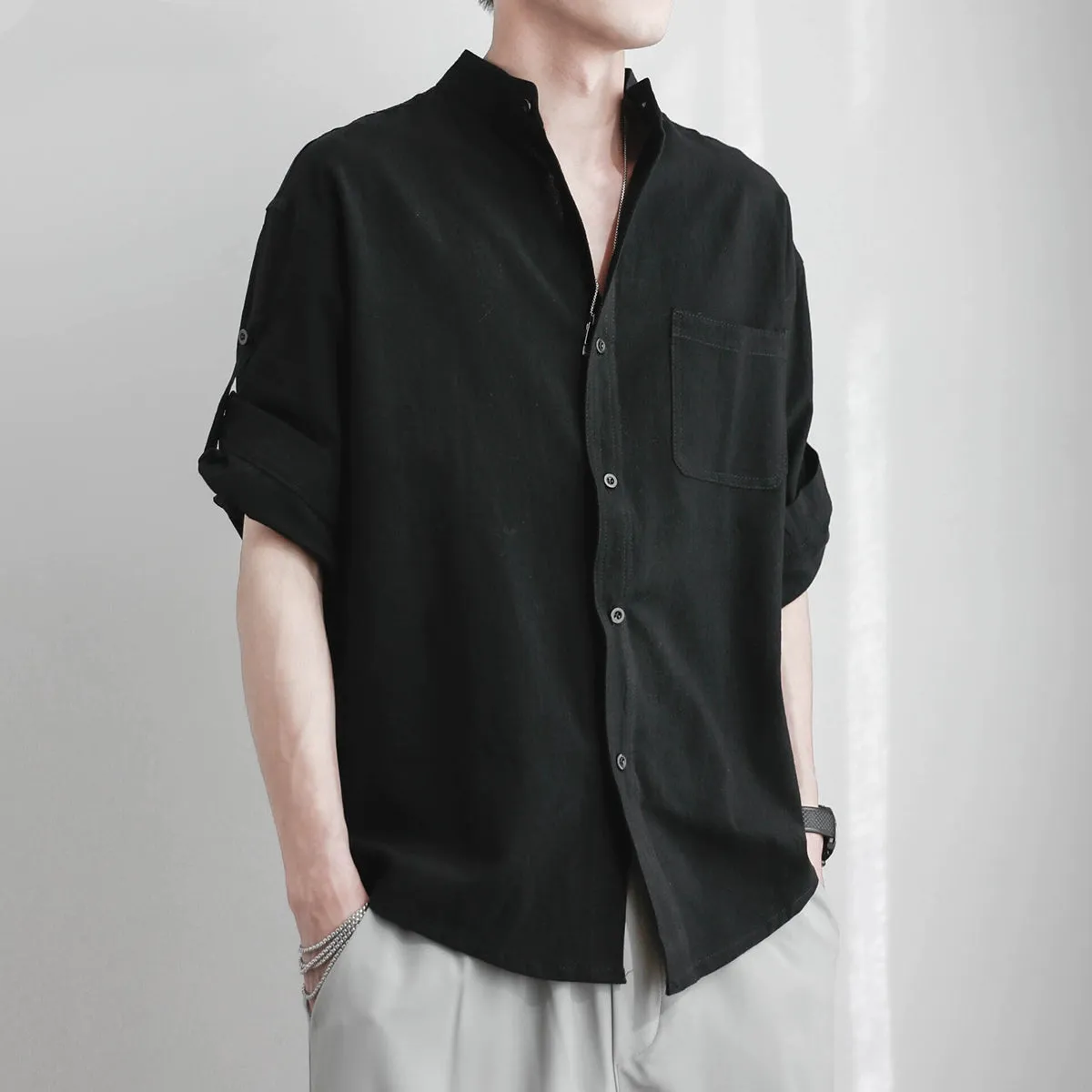 Long Sleeves Casual Pure Color Japanese-Style Retro Spring and Autumn Linen