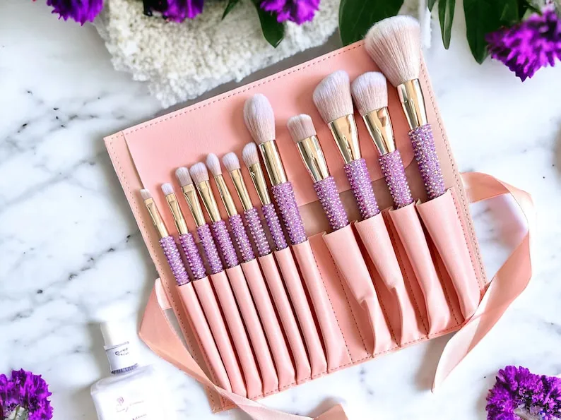 LuxeCrystal Complete Makeup Brush Set | 3 COLOURS | Girly Gifts | Coquette Aesthetic | Gifts for Her | Self Care Gift Set | Makeup Brush Bag