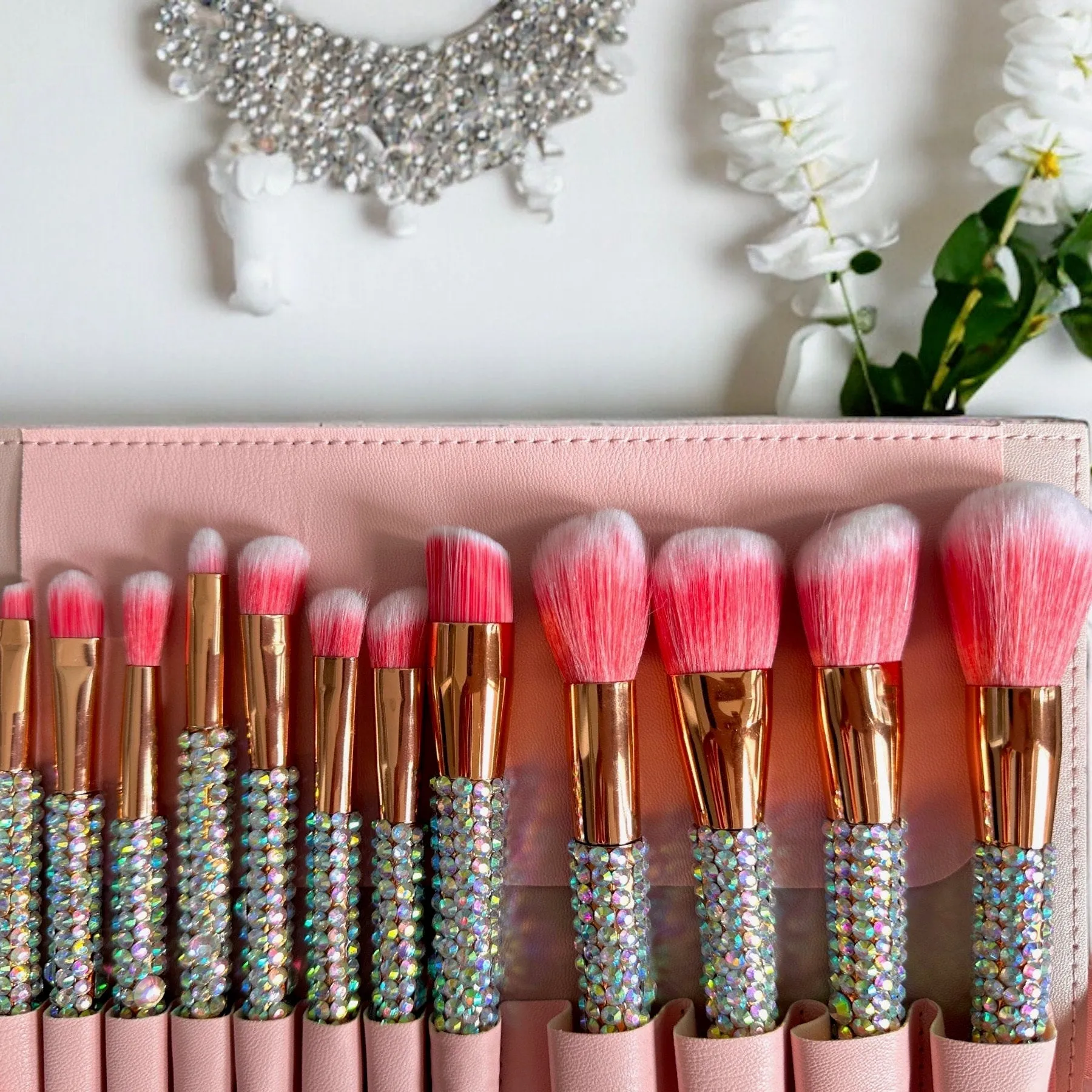 LuxeCrystal Complete Makeup Brush Set | 3 COLOURS | Girly Gifts | Coquette Aesthetic | Gifts for Her | Self Care Gift Set | Makeup Brush Bag