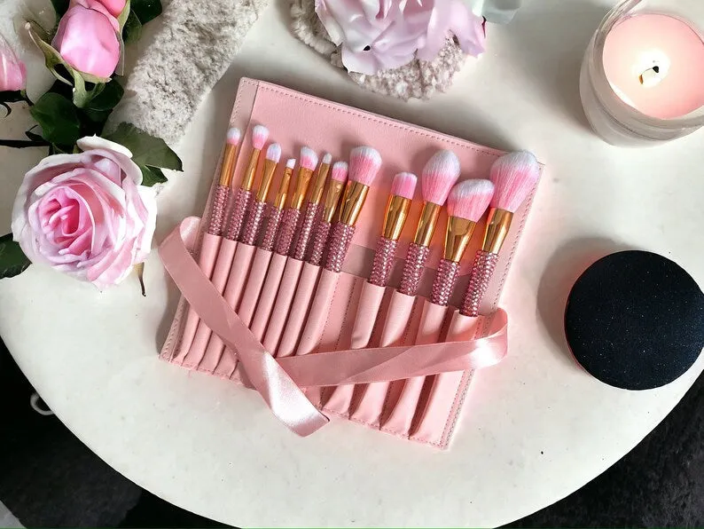 LuxeCrystal Complete Makeup Brush Set | 3 COLOURS | Girly Gifts | Coquette Aesthetic | Gifts for Her | Self Care Gift Set | Makeup Brush Bag