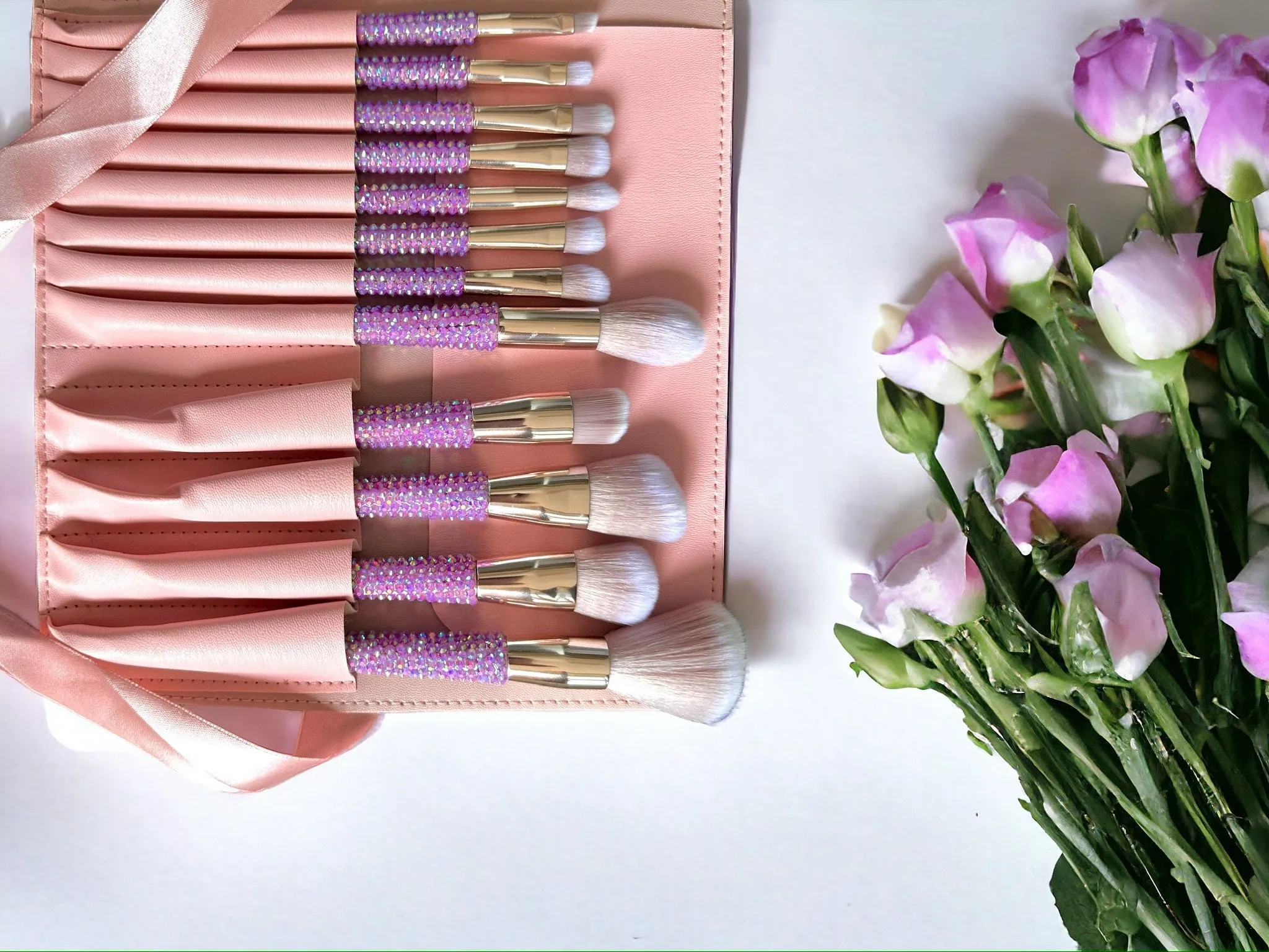 LuxeCrystal Complete Makeup Brush Set | 3 COLOURS | Girly Gifts | Coquette Aesthetic | Gifts for Her | Self Care Gift Set | Makeup Brush Bag