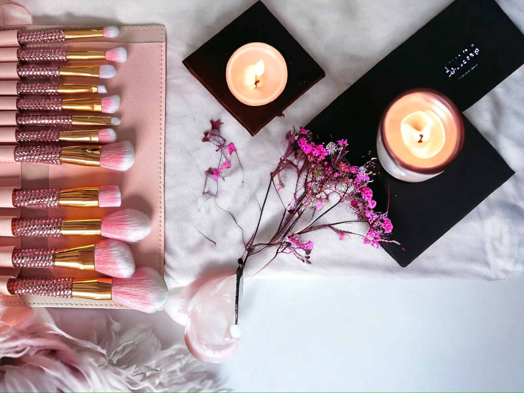 LuxeCrystal Complete Makeup Brush Set | 3 COLOURS | Girly Gifts | Coquette Aesthetic | Gifts for Her | Self Care Gift Set | Makeup Brush Bag