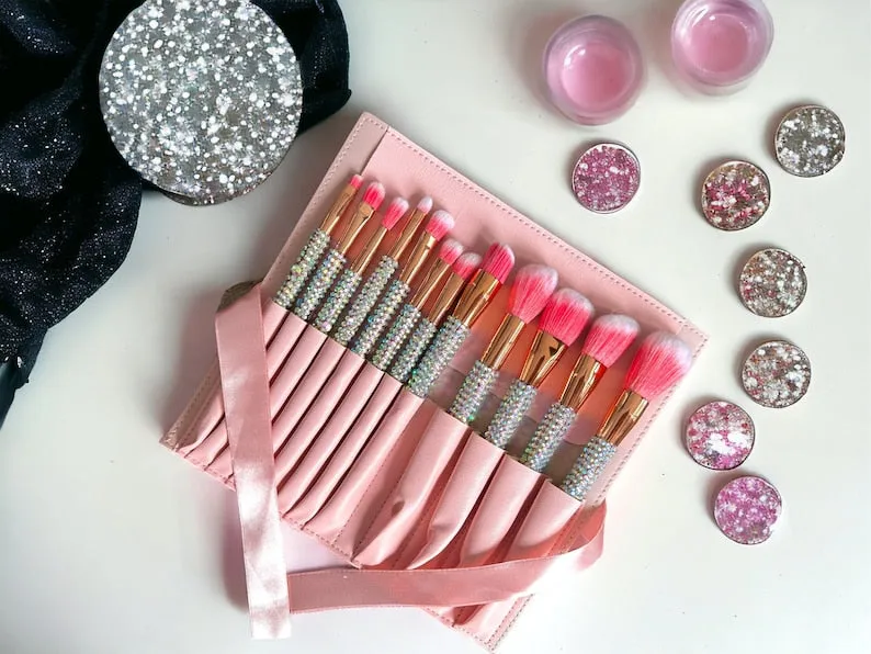 LuxeCrystal Complete Makeup Brush Set | 3 COLOURS | Girly Gifts | Coquette Aesthetic | Gifts for Her | Self Care Gift Set | Makeup Brush Bag