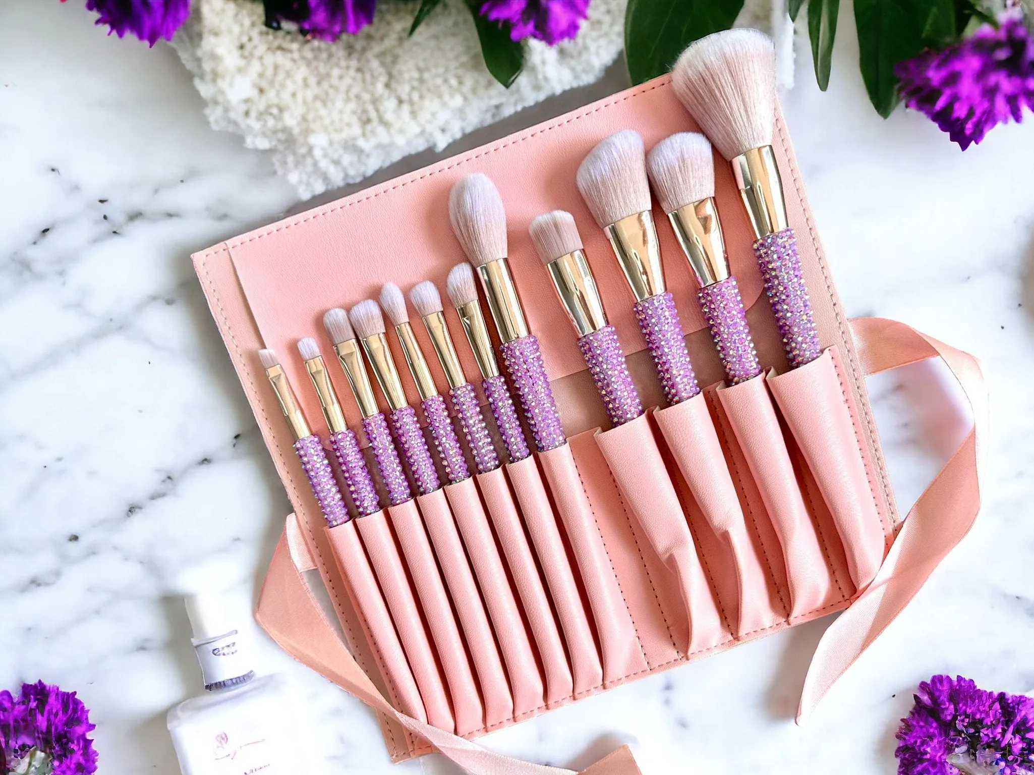 LuxeCrystal Complete Makeup Brush Set | 3 COLOURS | Girly Gifts | Coquette Aesthetic | Gifts for Her | Self Care Gift Set | Makeup Brush Bag