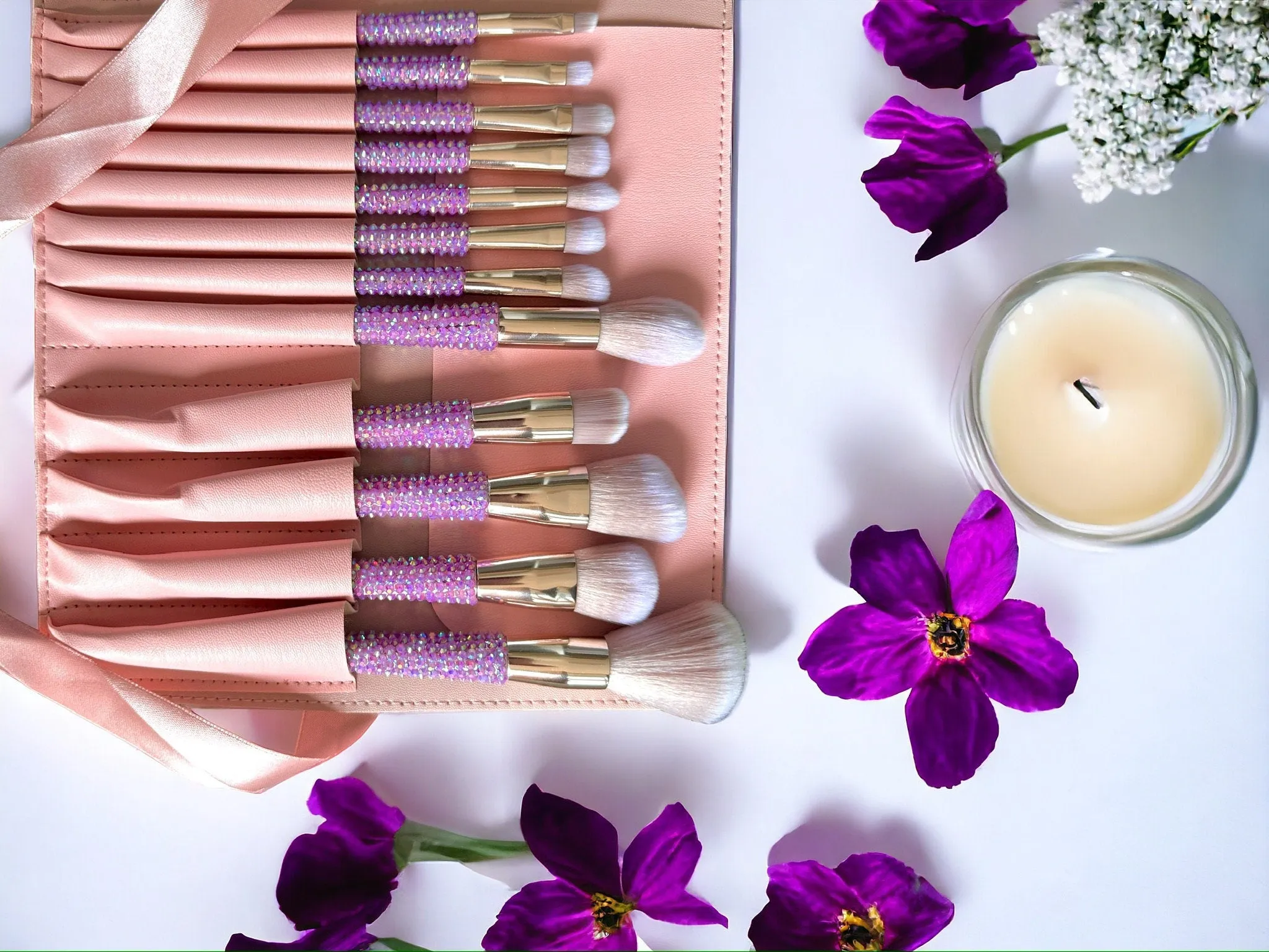 LuxeCrystal Complete Makeup Brush Set | 3 COLOURS | Girly Gifts | Coquette Aesthetic | Gifts for Her | Self Care Gift Set | Makeup Brush Bag