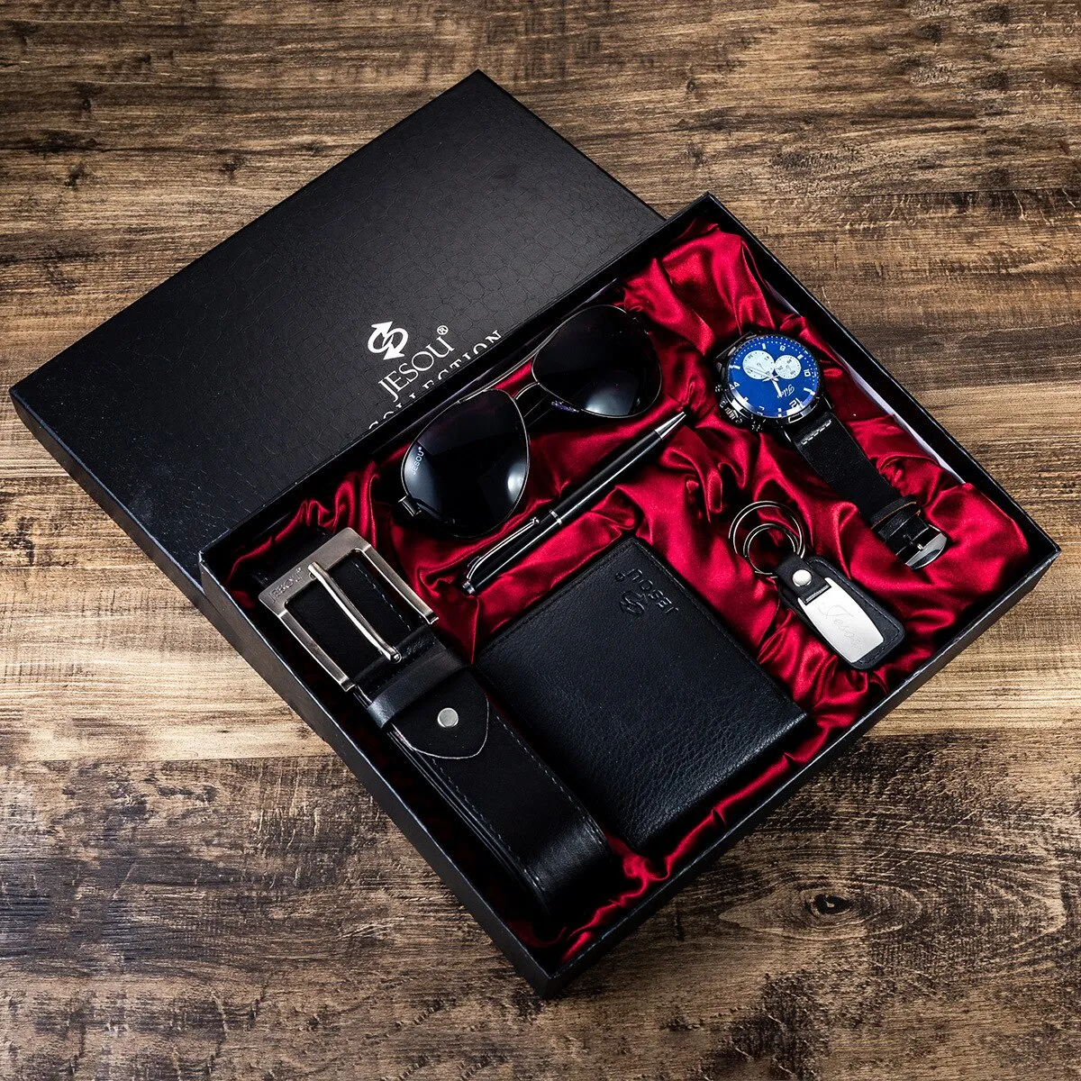 Luxury Company Men's Set The Perfect Father's Day Gift - 6-in-1 Watch, Glasses, Pen, Keychain, Belt, and Purse for a Memorable Holiday or Birthday Celebration