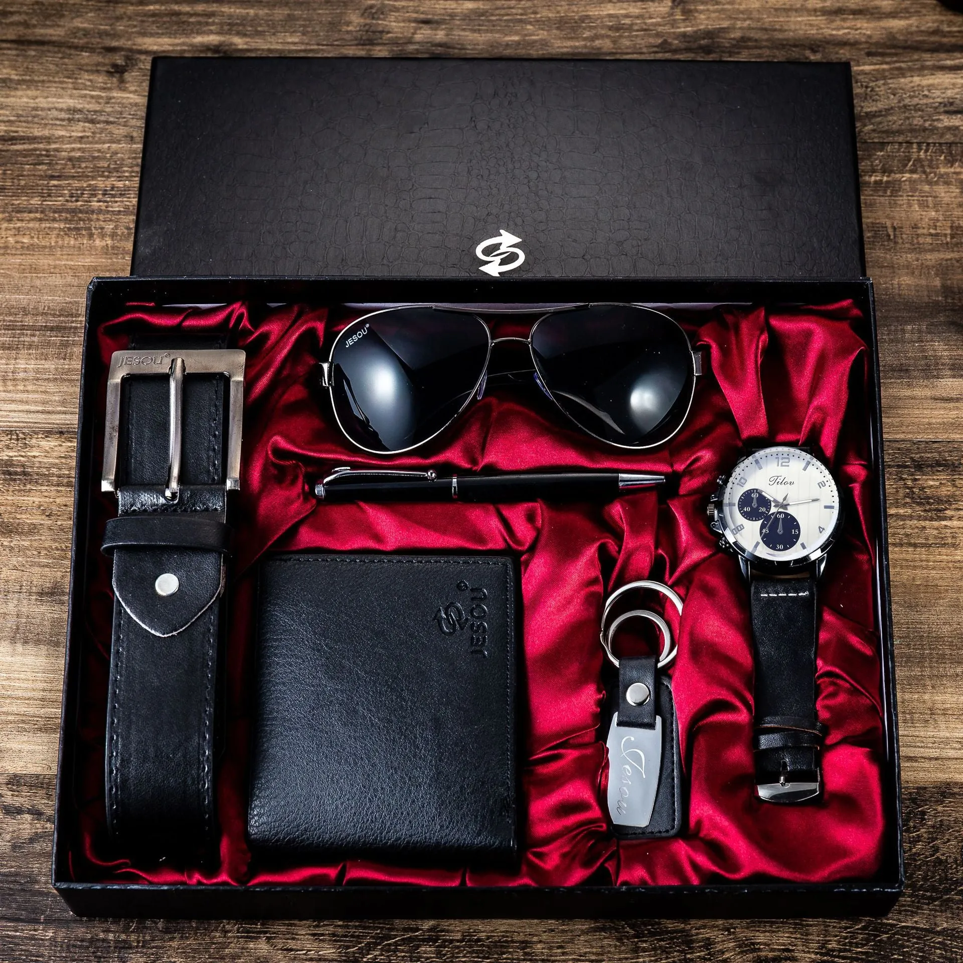 Luxury Company Men's Set The Perfect Father's Day Gift - 6-in-1 Watch, Glasses, Pen, Keychain, Belt, and Purse for a Memorable Holiday or Birthday Celebration