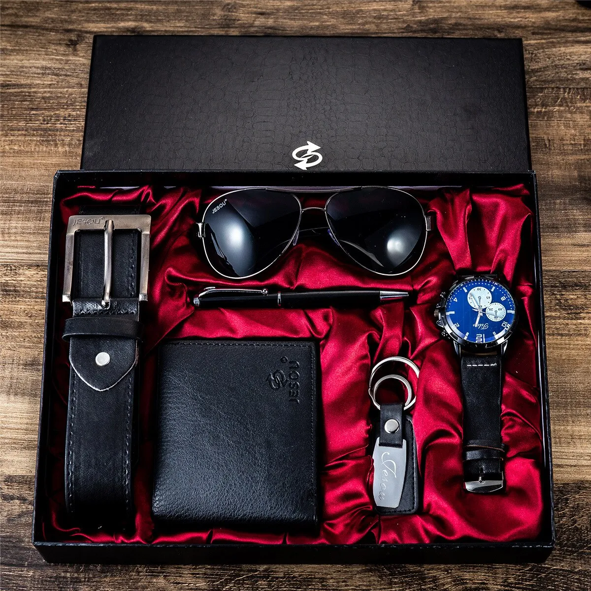Luxury Company Men's Set The Perfect Father's Day Gift - 6-in-1 Watch, Glasses, Pen, Keychain, Belt, and Purse for a Memorable Holiday or Birthday Celebration