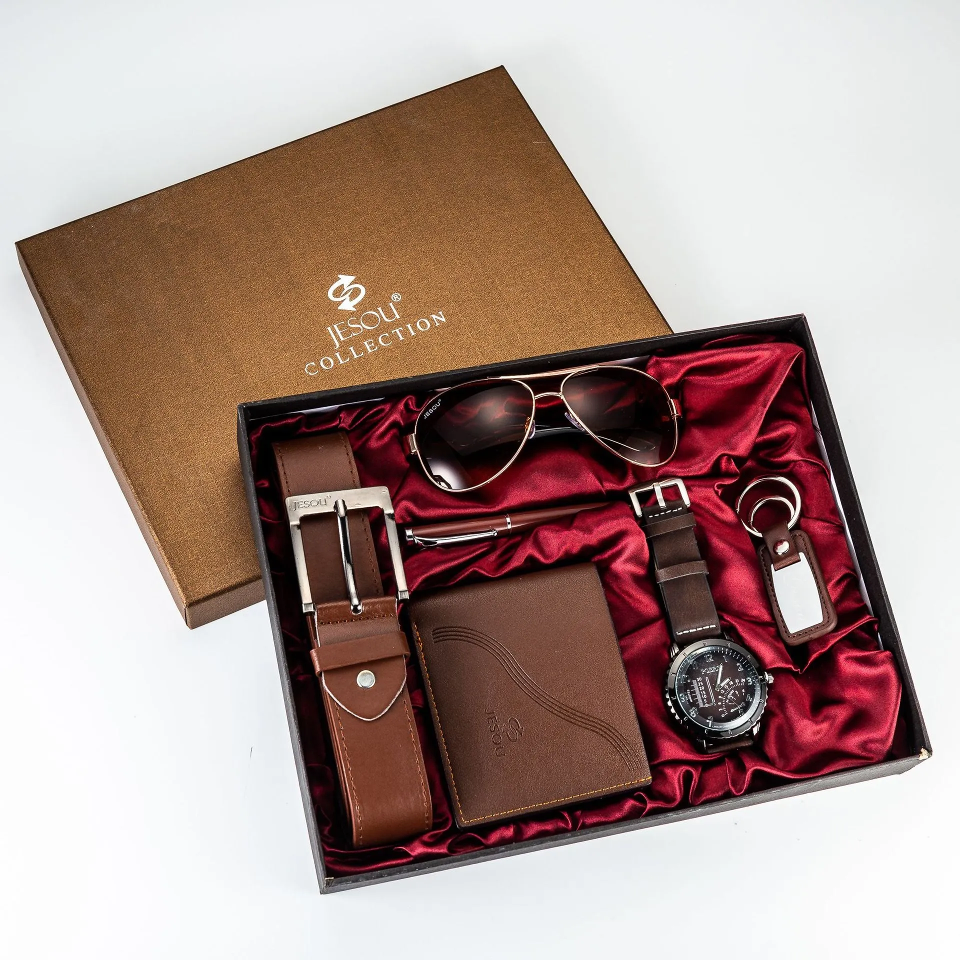Luxury Company Men's Set The Perfect Father's Day Gift - 6-in-1 Watch, Glasses, Pen, Keychain, Belt, and Purse for a Memorable Holiday or Birthday Celebration