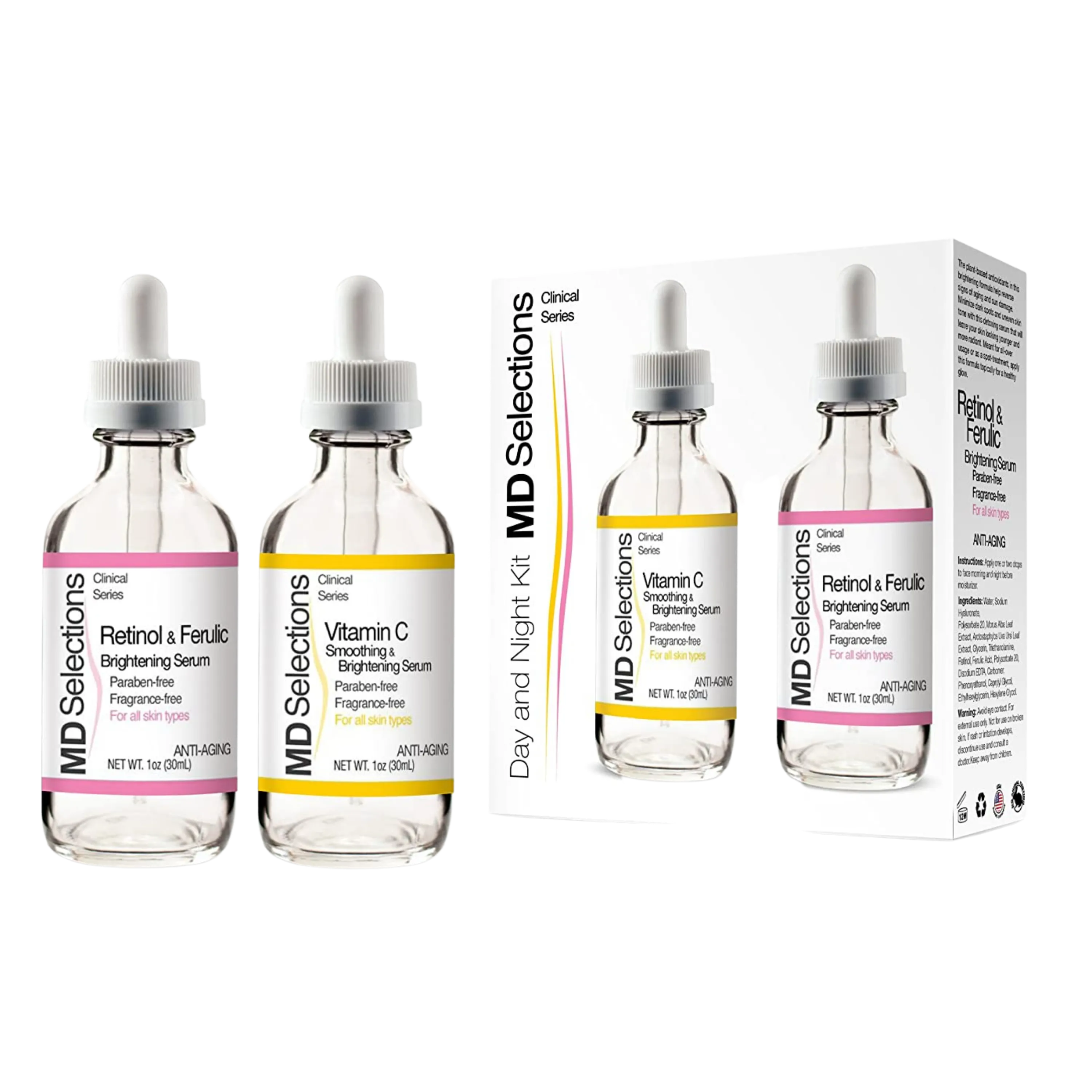 MD Selections Vitamin C/Retinol & Ferulic Serum Set for Face | Day & Night Serum, 2 oz