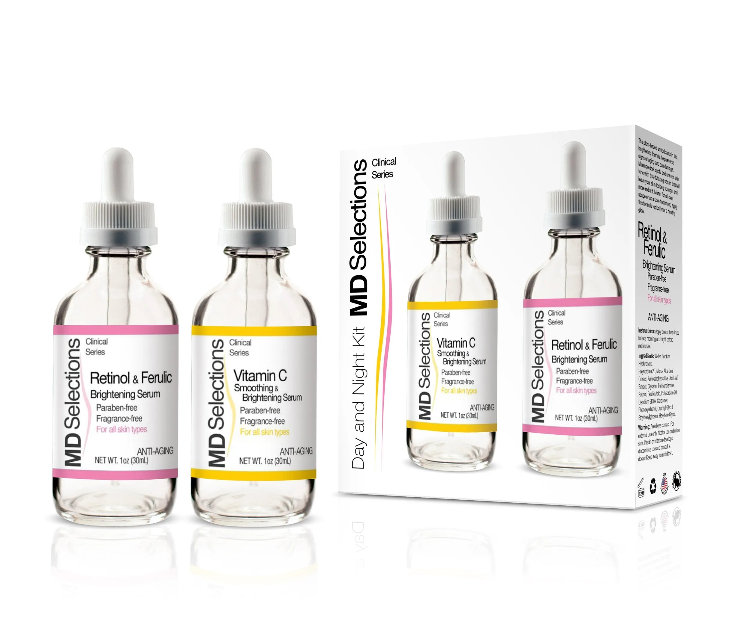 MD Selections Vitamin C/Retinol & Ferulic Serum Set for Face | Day & Night Serum, 2 oz