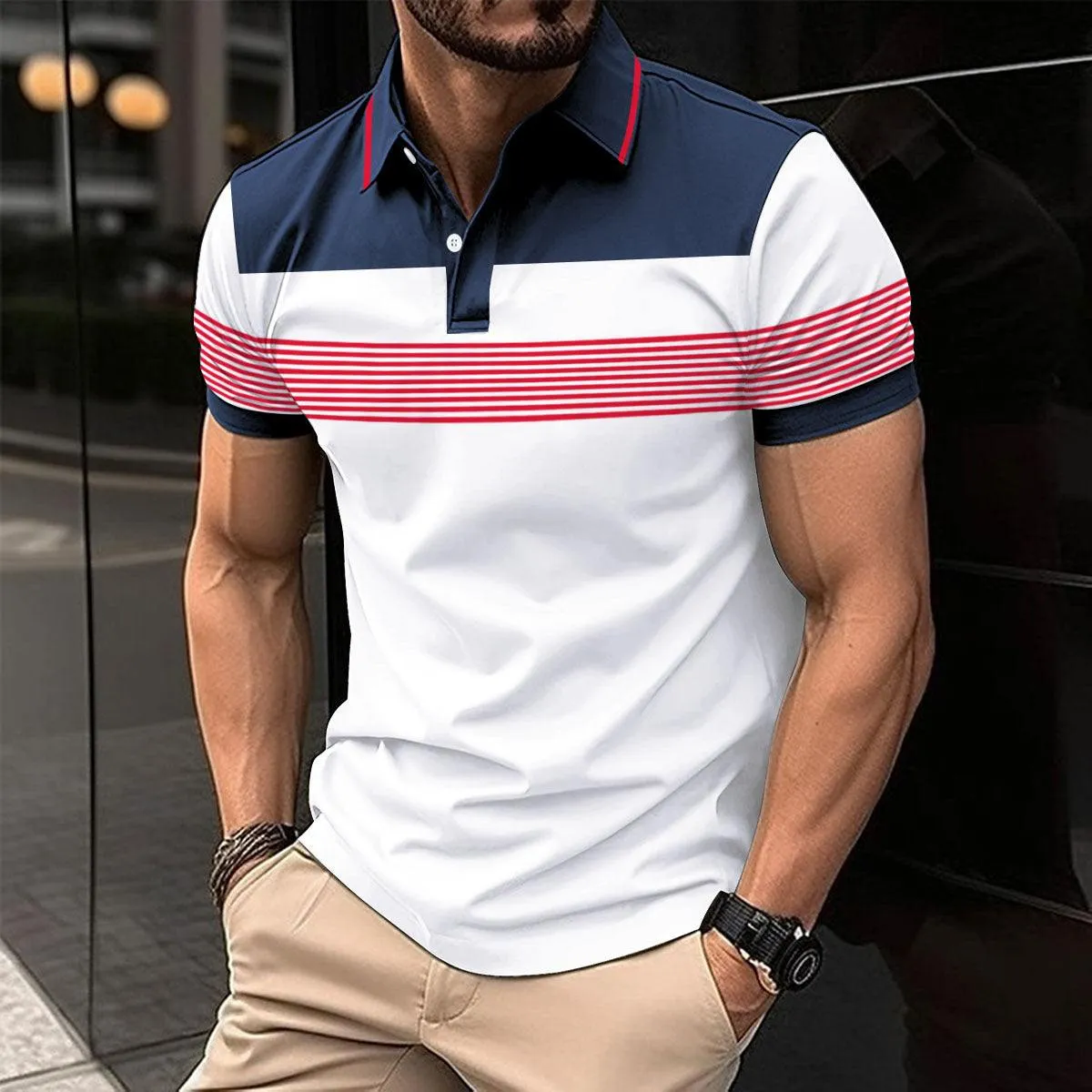 Men's Colorblock V-Neck Button Polo Shirt