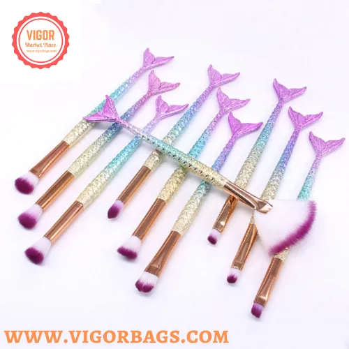 Mermaid Foundation Eyebrow Eyeliner Makeup Blush Cosmetic Concealer Fish Tail Make Up Brushes Tools  - MOQ 10 pcs