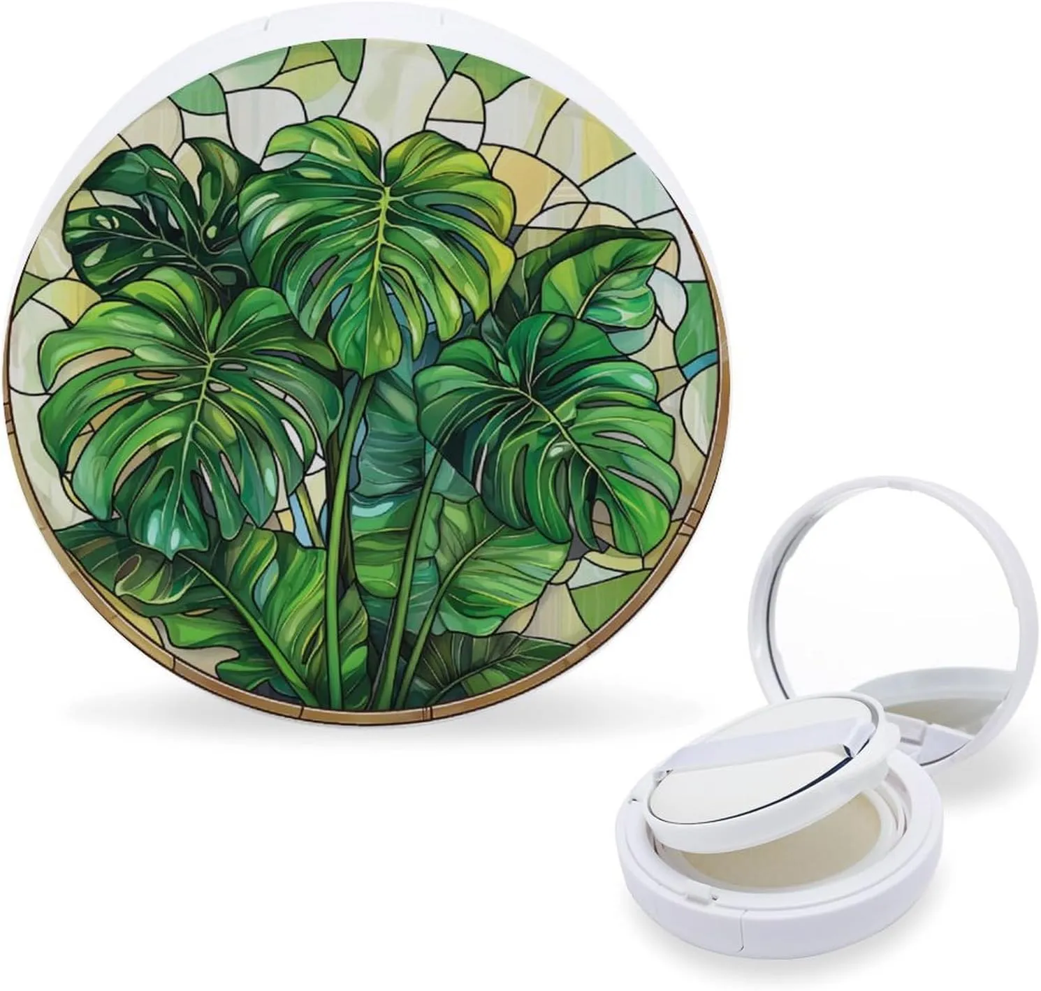 Monstera Plant Stained Glass Air Cushion Puff Box Portable Cosmetic Makeup Case Container,Loose Powder Foundation Container