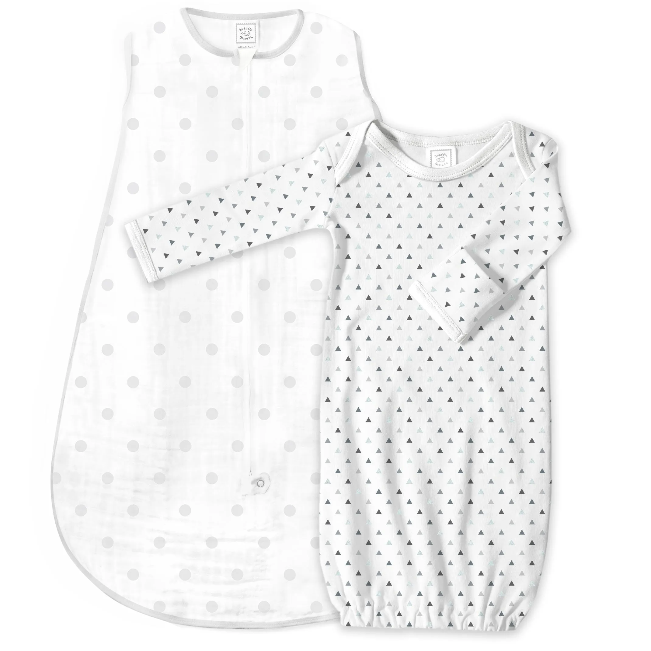 Muslin Non-Weighted zzZipMe Sack Set - French Dots   Tiny Triangles, Grays with a Touch of Silver Shimmer