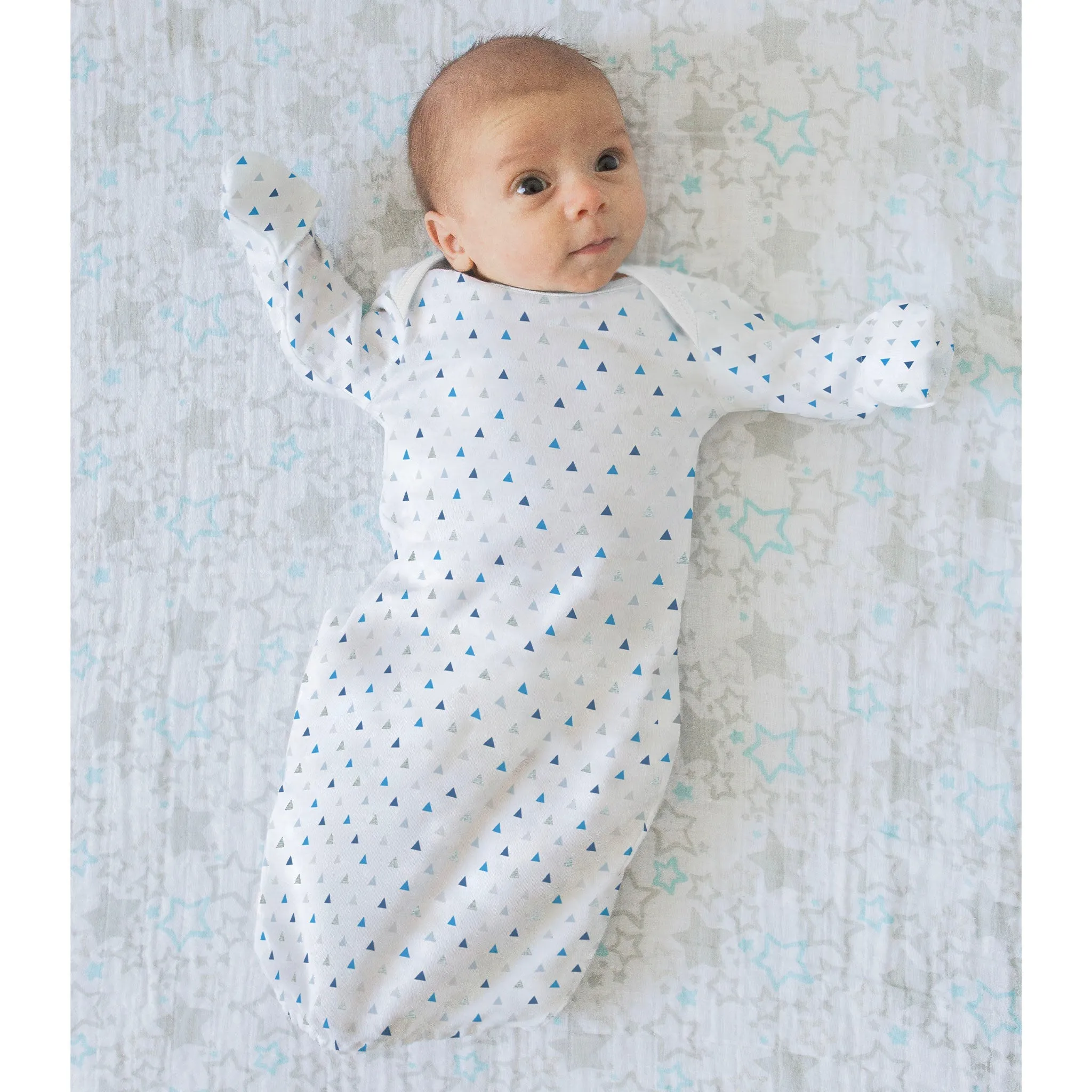 Muslin Swaddle, Pajama Gown and Hat Gift Set - Tiny Triangles, Blue, Newborn