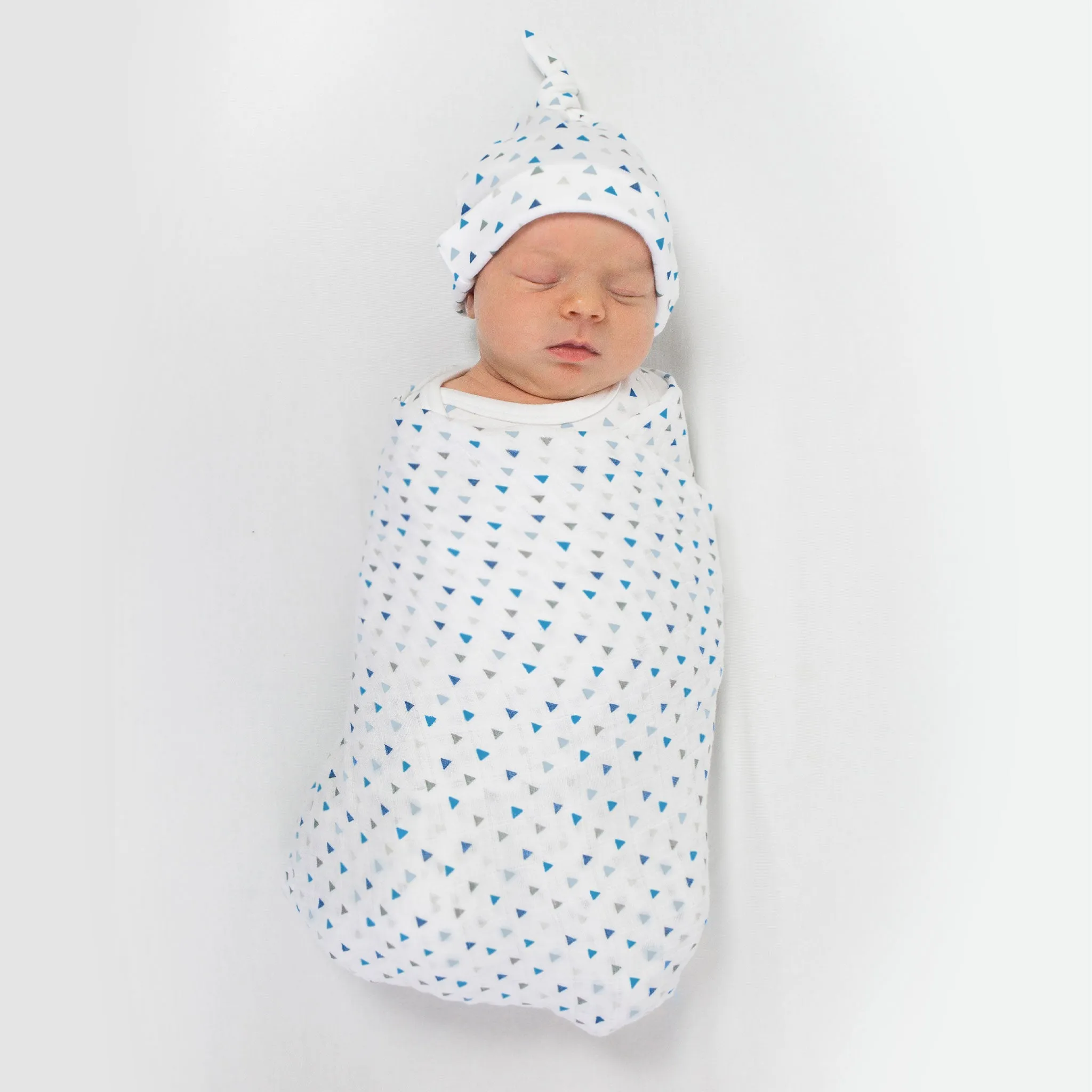 Muslin Swaddle, Pajama Gown and Hat Gift Set - Tiny Triangles, Blue, Newborn