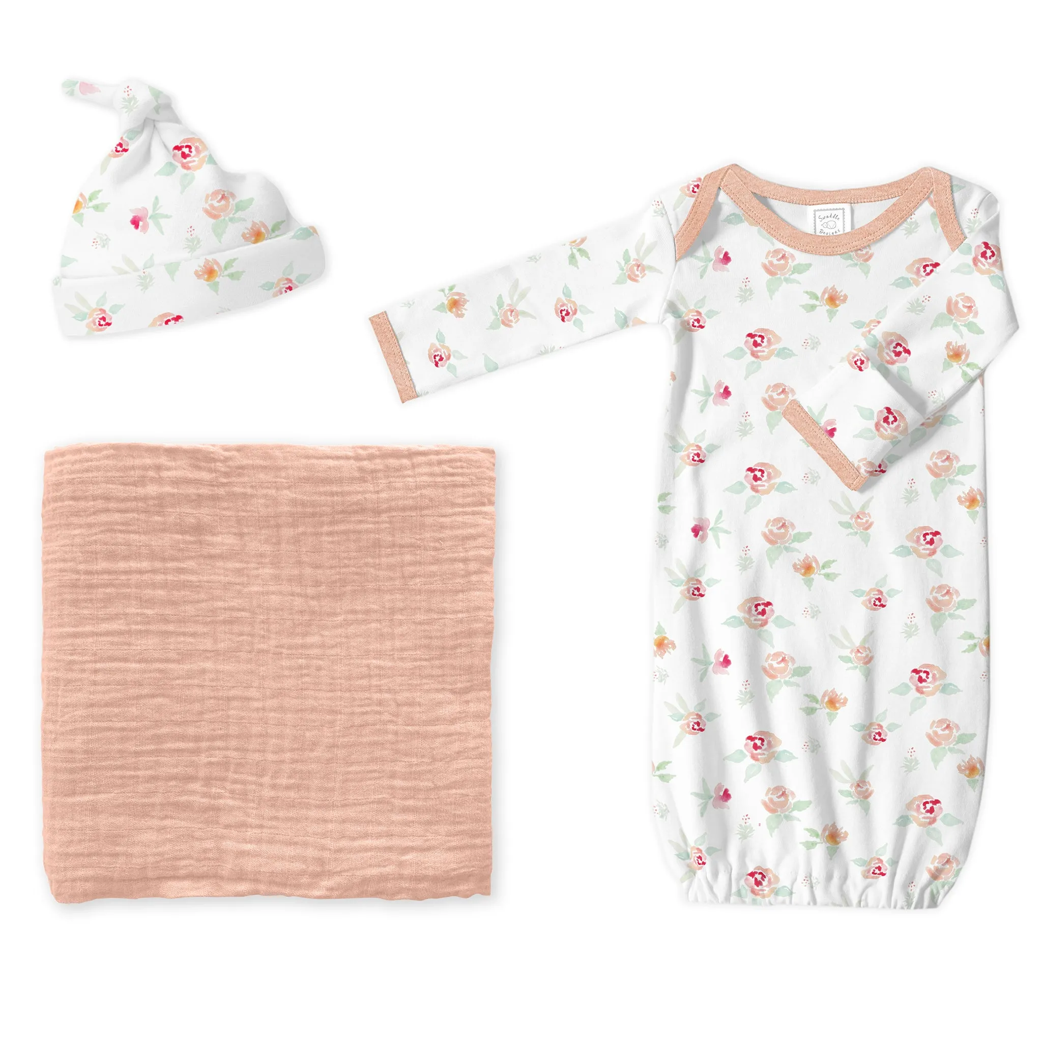 Muslin Swaddle   Pajama Gown   Hat Newborn Gift Set - Peach Blush Muslin Blanket & Watercolor Peachy Pink Floral Hat & Pajama Gown