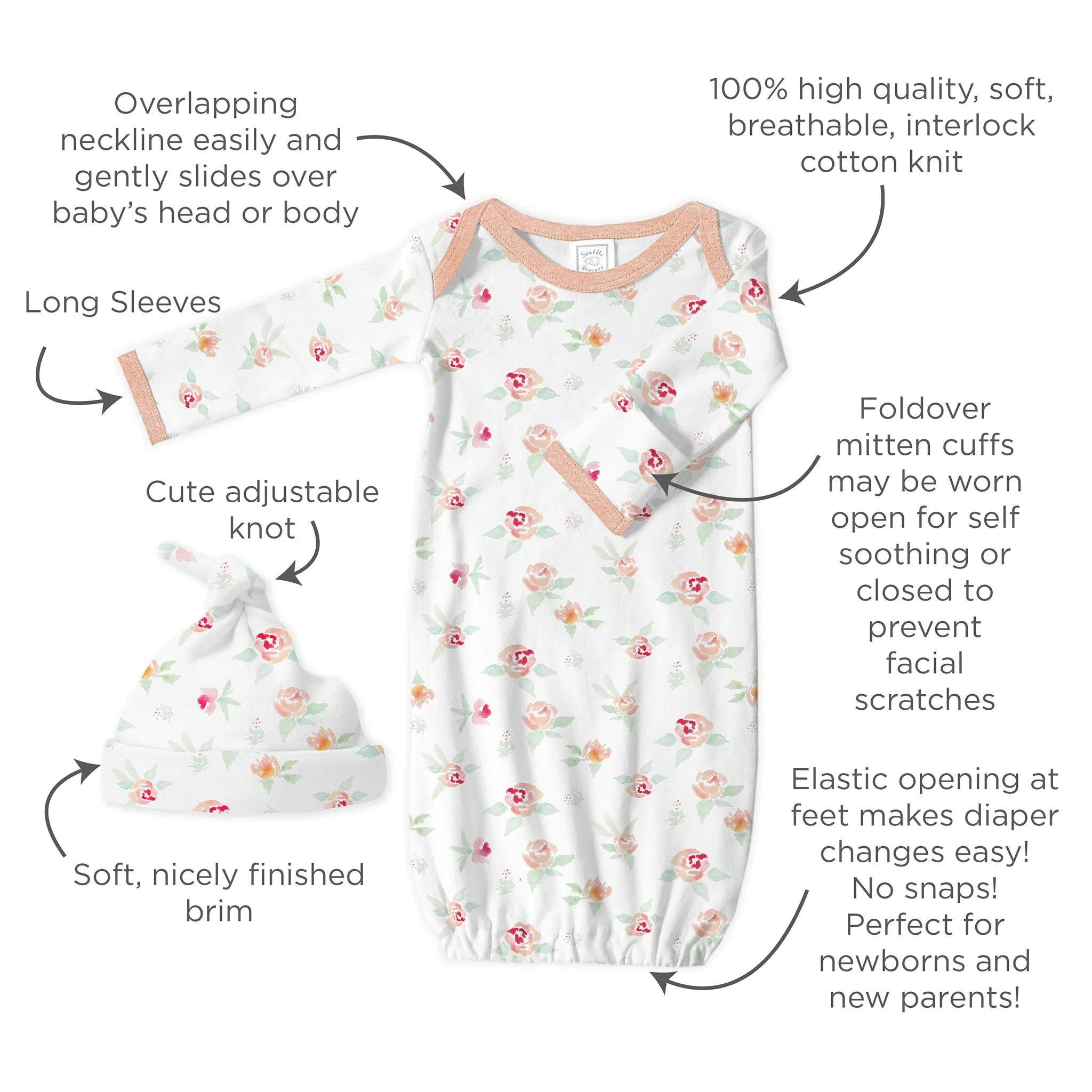 Muslin Swaddle   Pajama Gown   Hat Newborn Gift Set - Peach Blush Muslin Blanket & Watercolor Peachy Pink Floral Hat & Pajama Gown