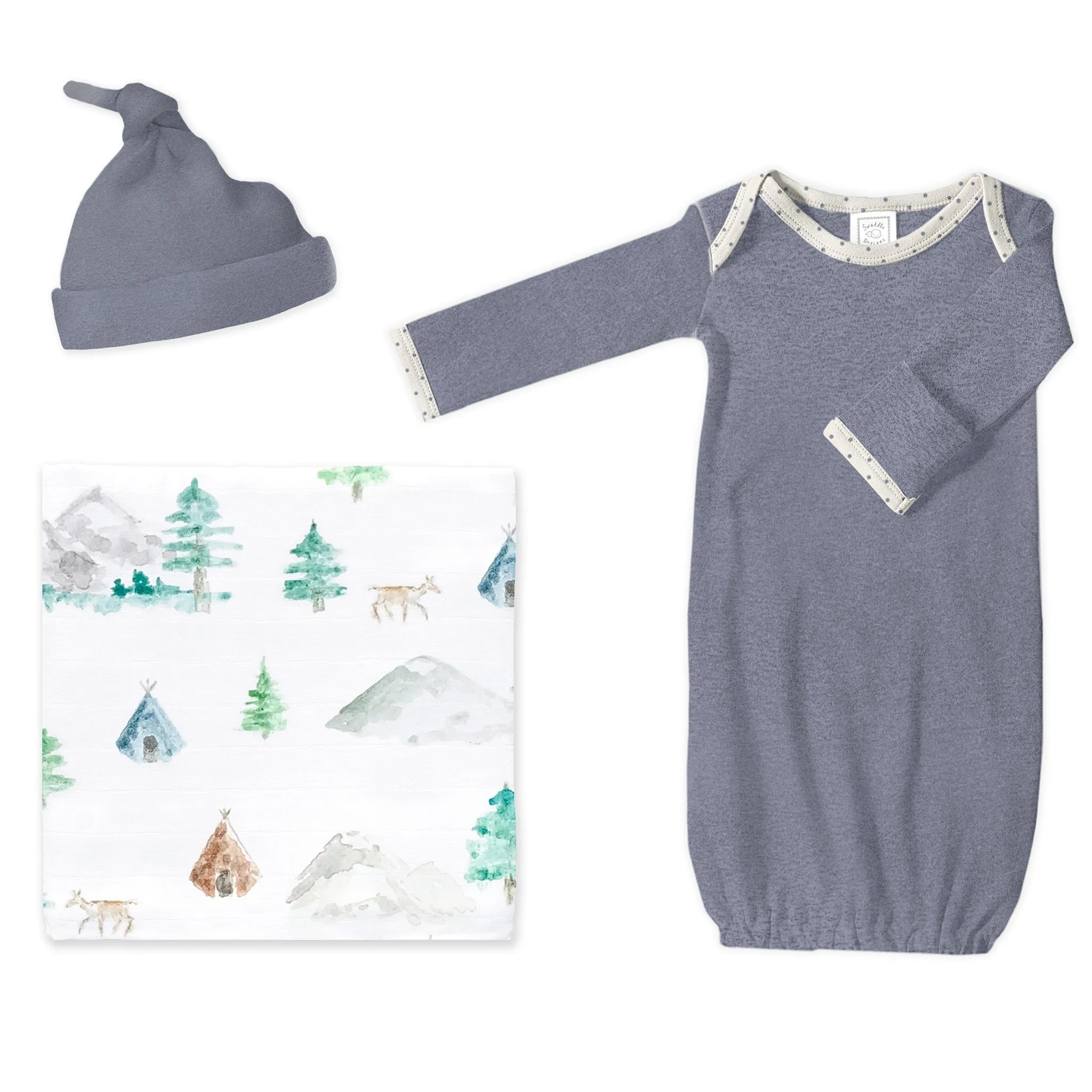 Muslin Swaddle   Pajama Gown   Hat Newborn Gift Set - Watercolor Mountains & Trees Muslin Blanket   Heathered Denim Hat   Pajama Gown