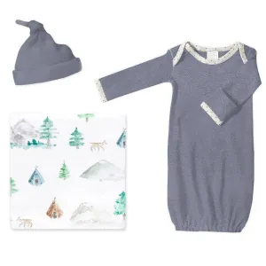 Muslin Swaddle   Pajama Gown   Hat Newborn Gift Set - Watercolor Mountains & Trees Muslin Blanket   Heathered Denim Hat   Pajama Gown