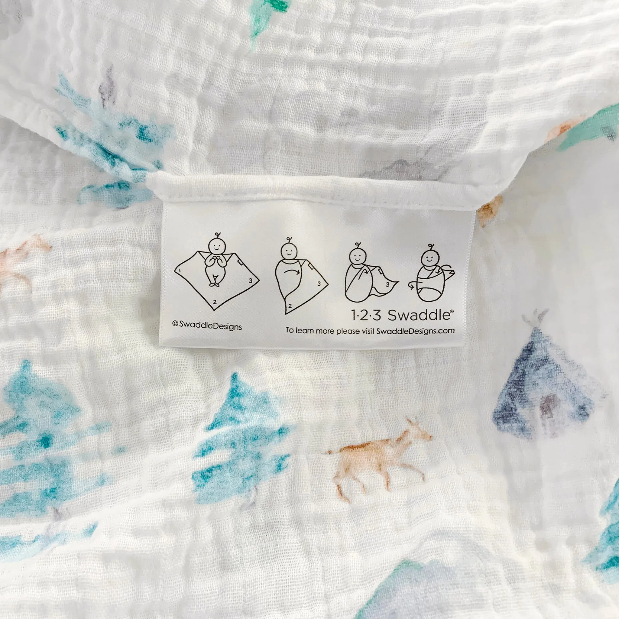 Muslin Swaddle   Pajama Gown   Hat Newborn Gift Set - Watercolor Mountains & Trees Muslin Blanket   Heathered Denim Hat   Pajama Gown