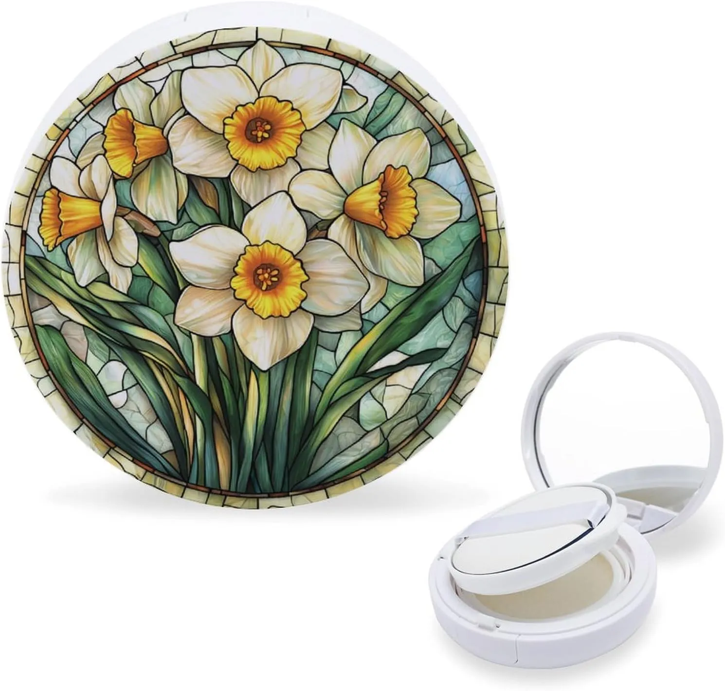 Narcissus Flowers Stained Glass Air Cushion Puff Box Portable Cosmetic Makeup Case Container,Loose Powder Foundation Container