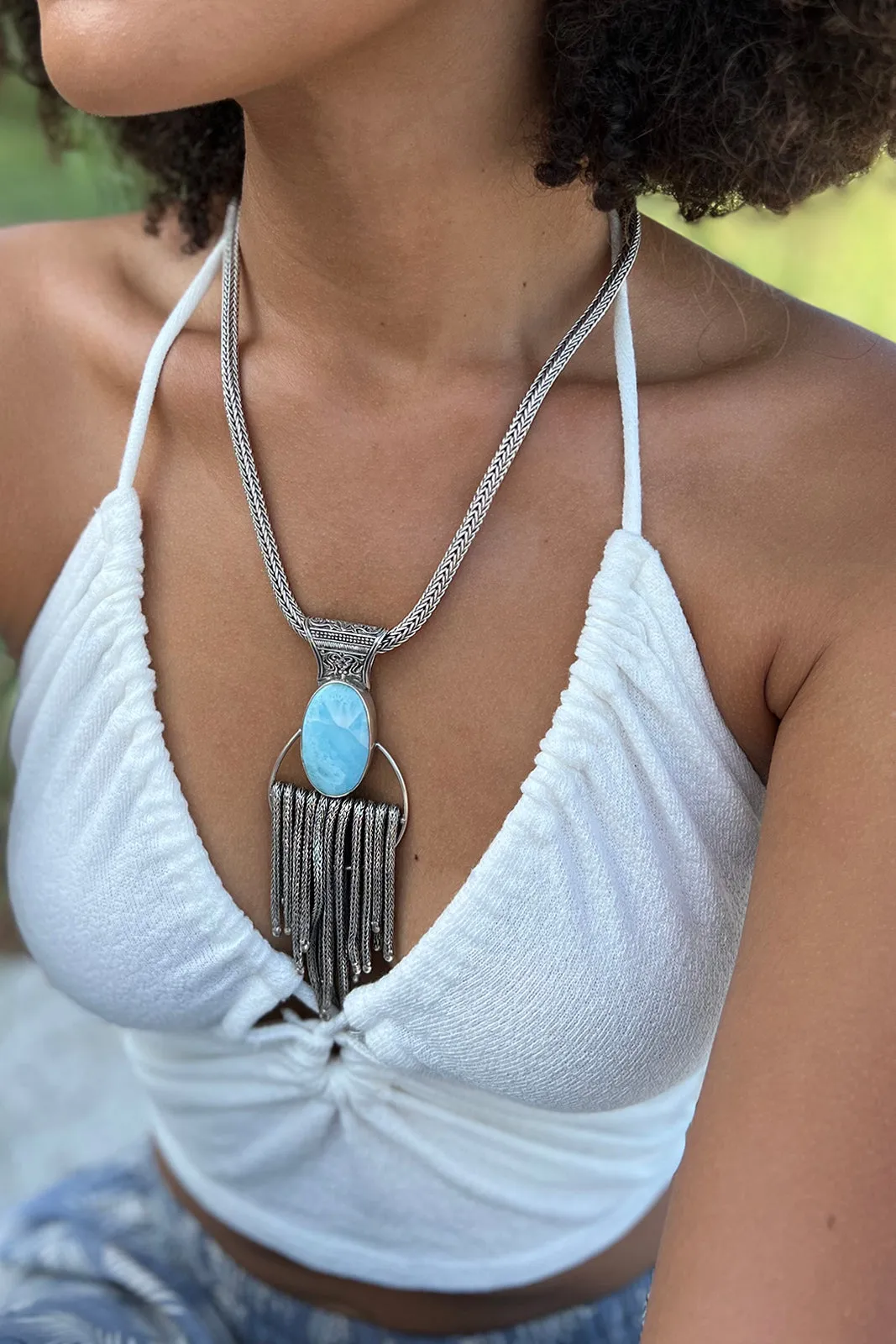 Natural Larimar and Sterling Silver Bali Chain Pendant
