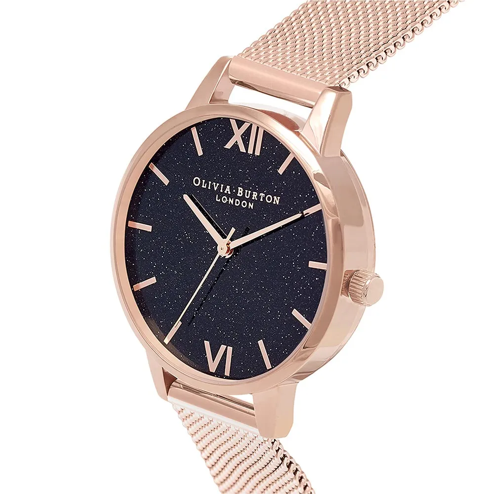 Olivia Burton Demi Black Glitter Dial & Rose Gold Mesh Women's Watch - OB16GD76