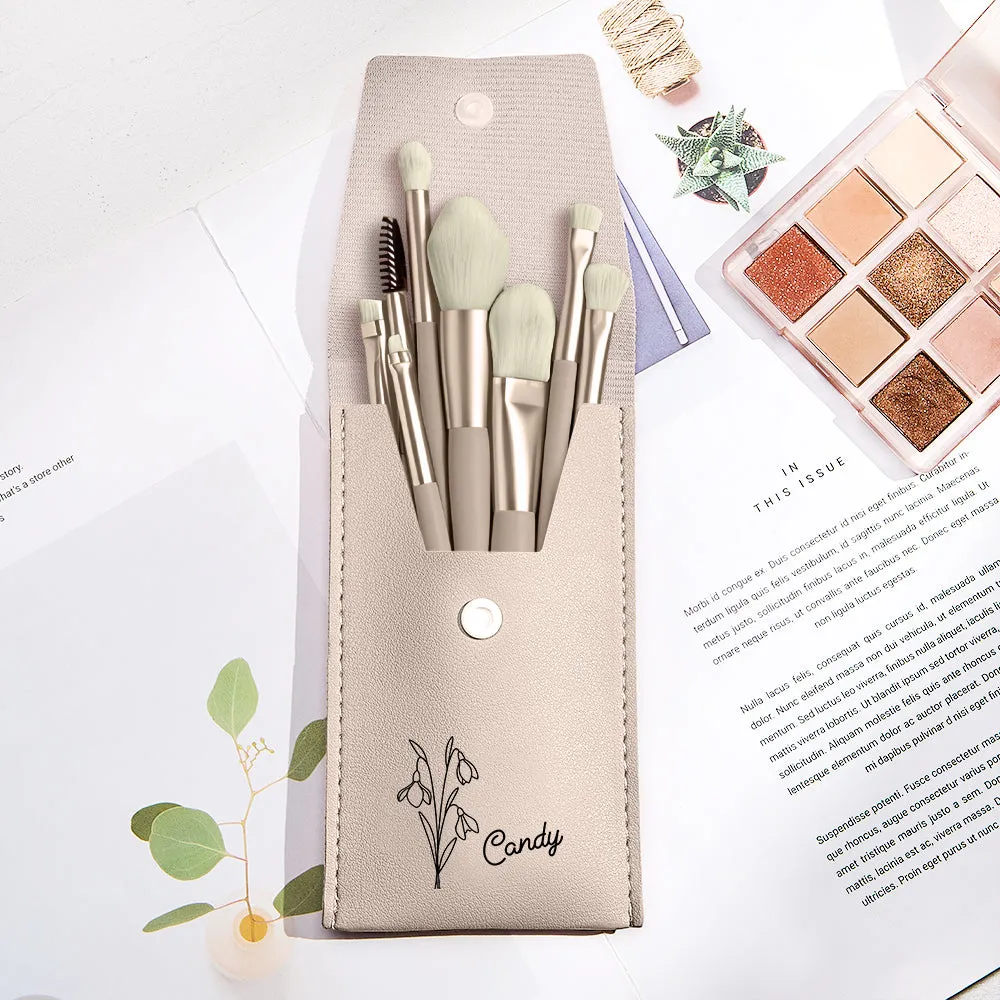 Personalized Birth Flower Leather Makeup Brush Bag with 8 Brushes