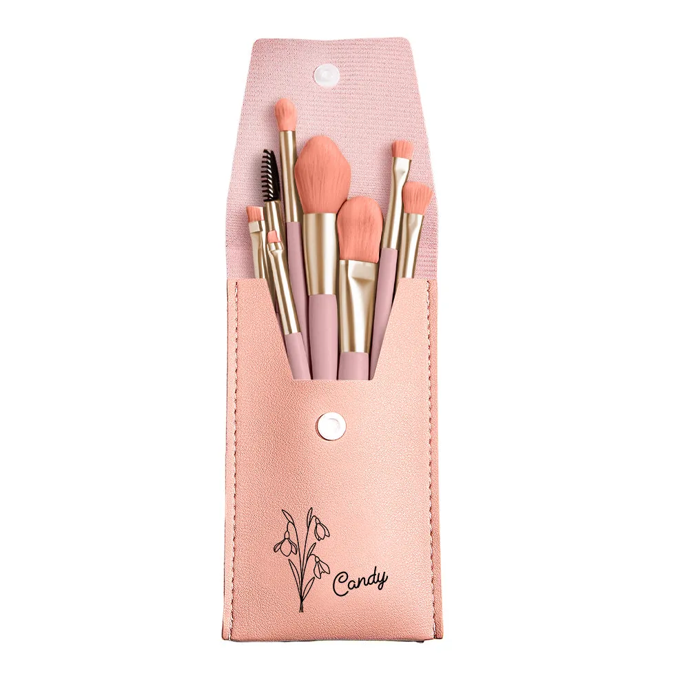 Personalized Birth Flower Leather Makeup Brush Bag with 8 Brushes
