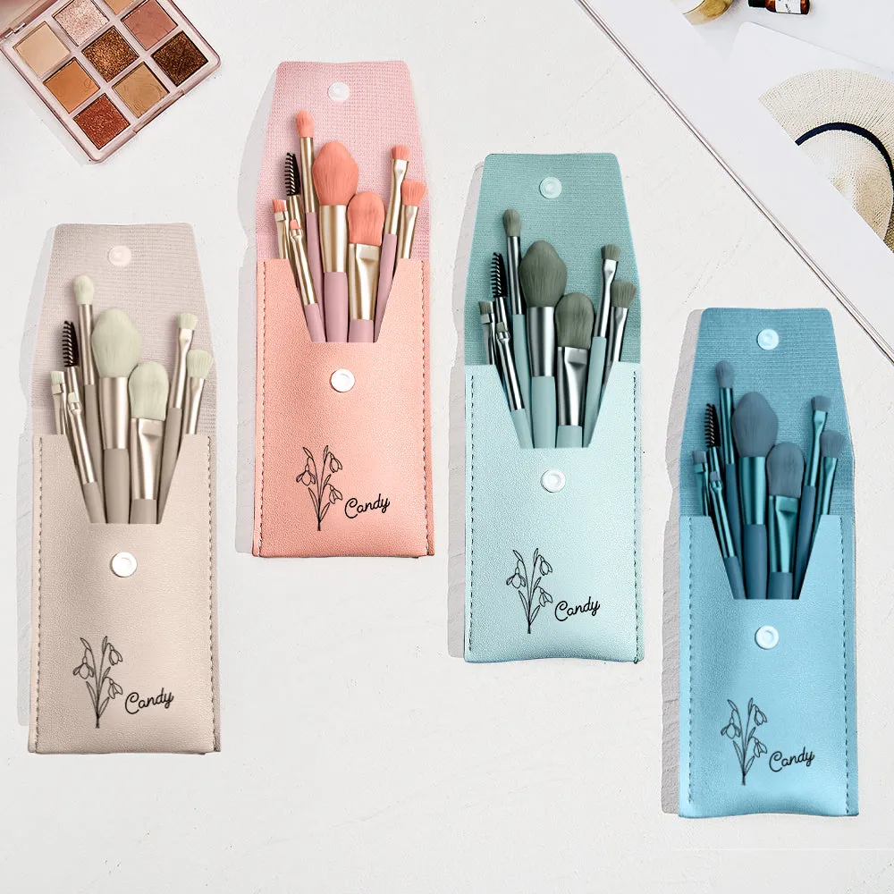 Personalized Birth Flower Leather Makeup Brush Bag with 8 Brushes