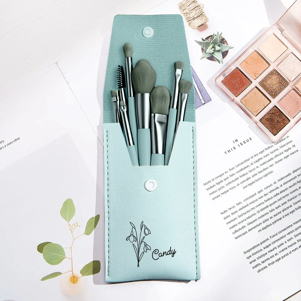 Personalized Birth Flower Leather Makeup Brush Bag with 8 Brushes
