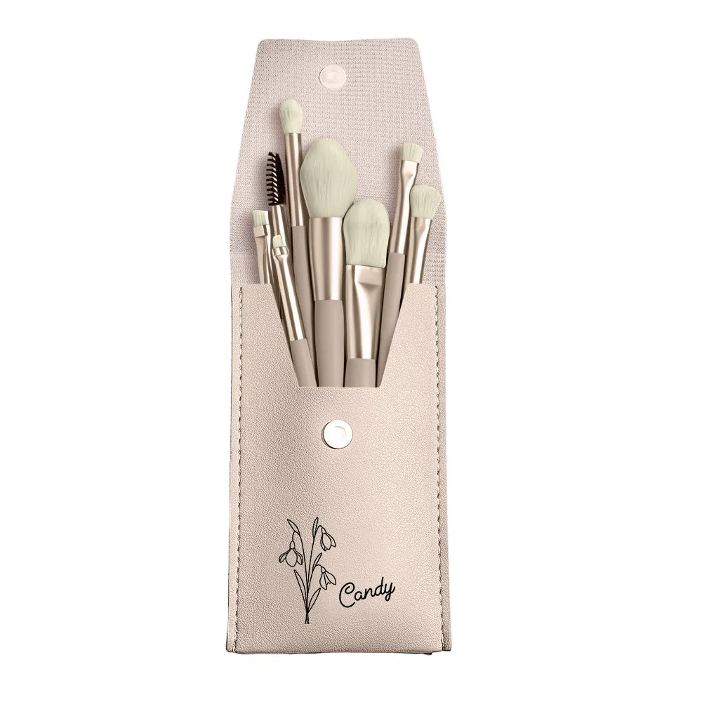Personalized Birth Flower Leather Makeup Brush Bag with 8 Brushes