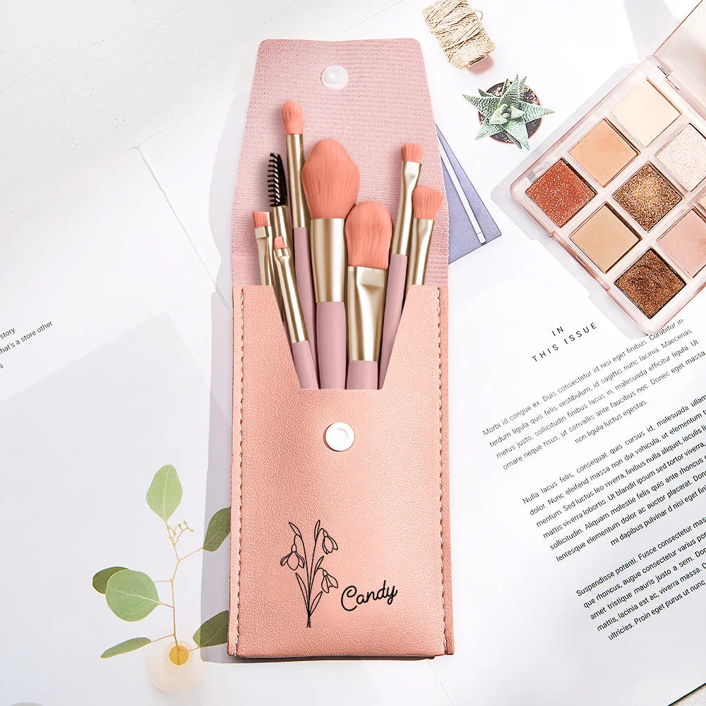 Personalized Birth Flower Leather Makeup Brush Bag with 8 Brushes